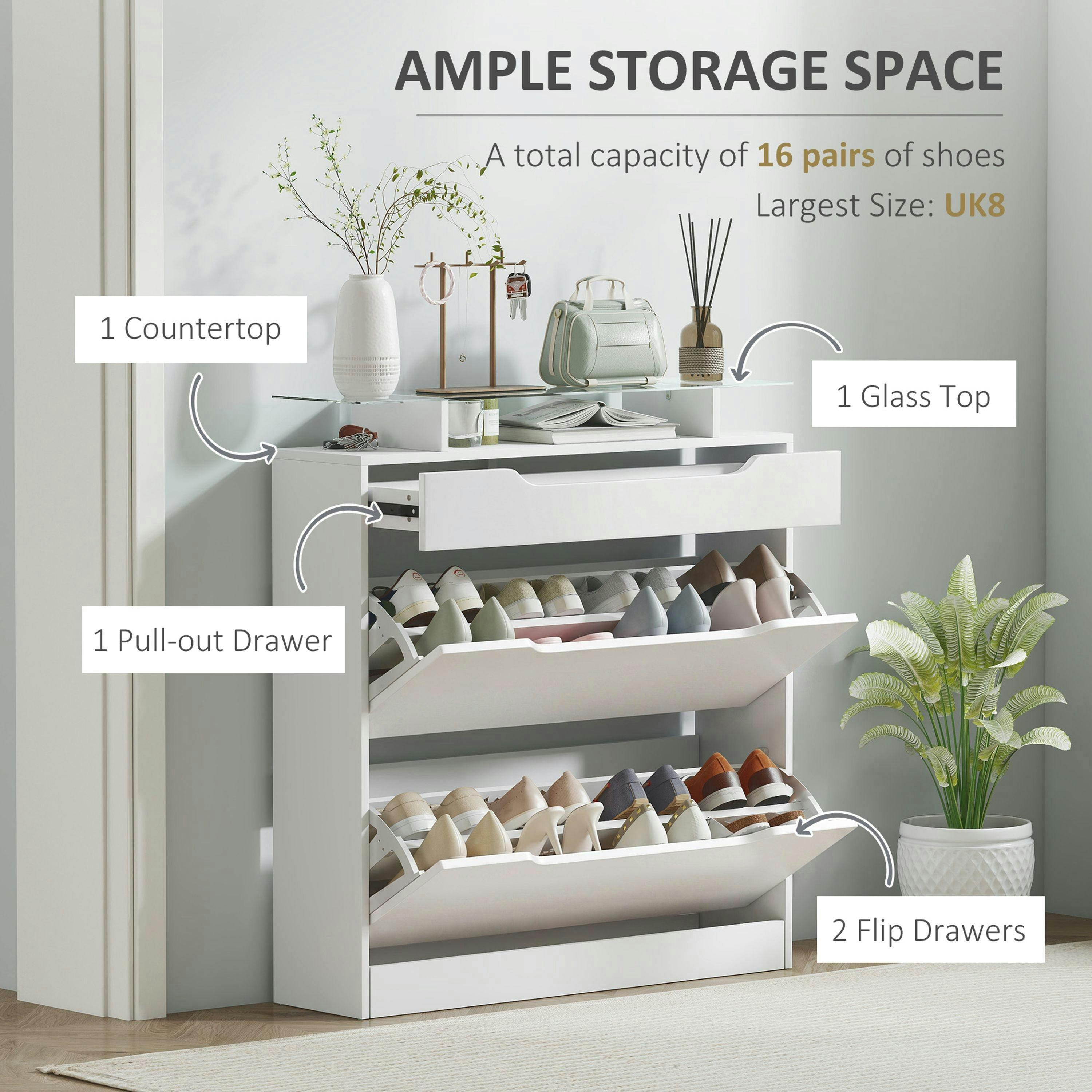 HOMCOM Shoe Cabinet with 3 Drawers, High Gloss Front Panels, Glass Top , view 4 of 5
