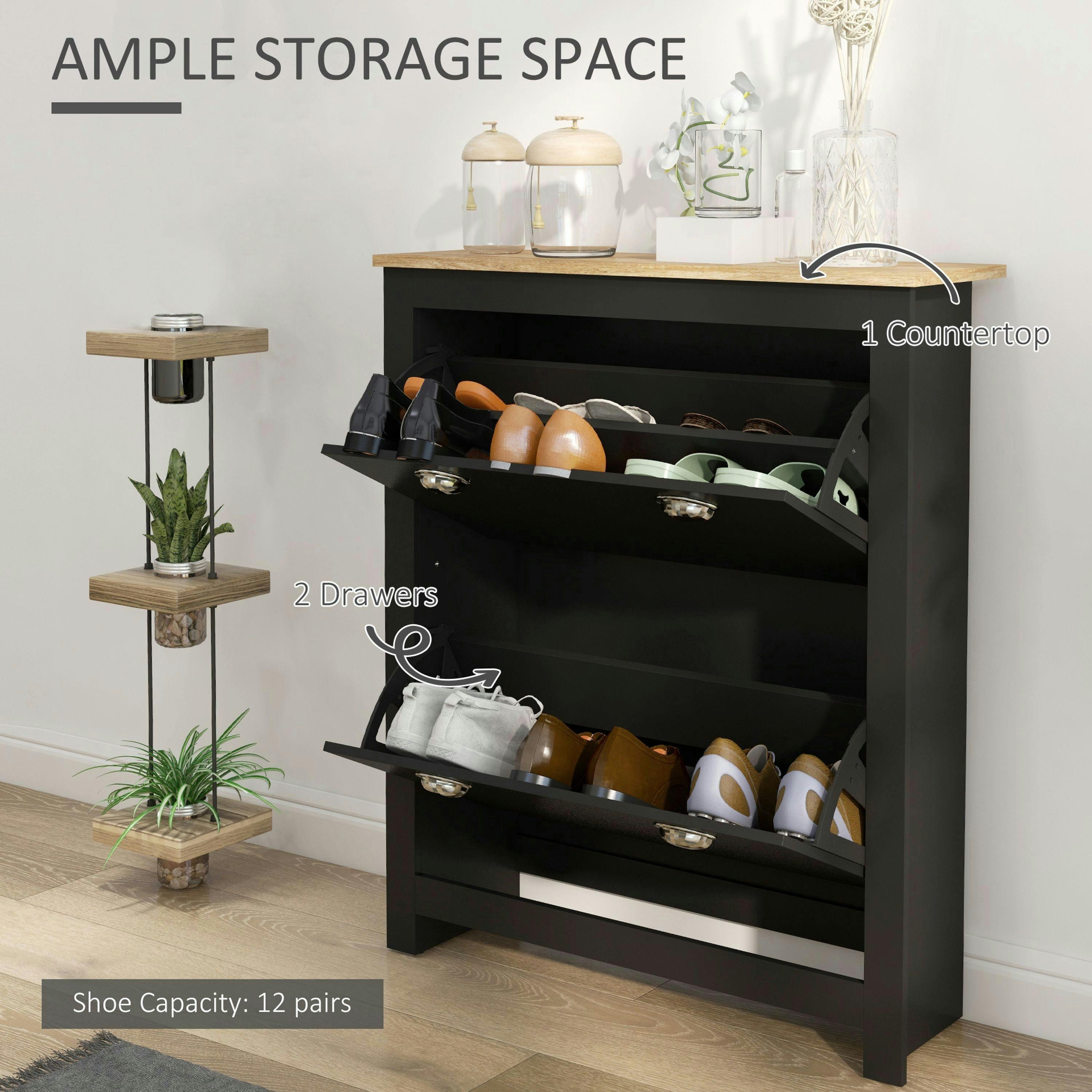 HOMCOM 2 Drawer Shoe Cabinet Narrow Shoe Cupboard with Flip Doors , view 4 of 5