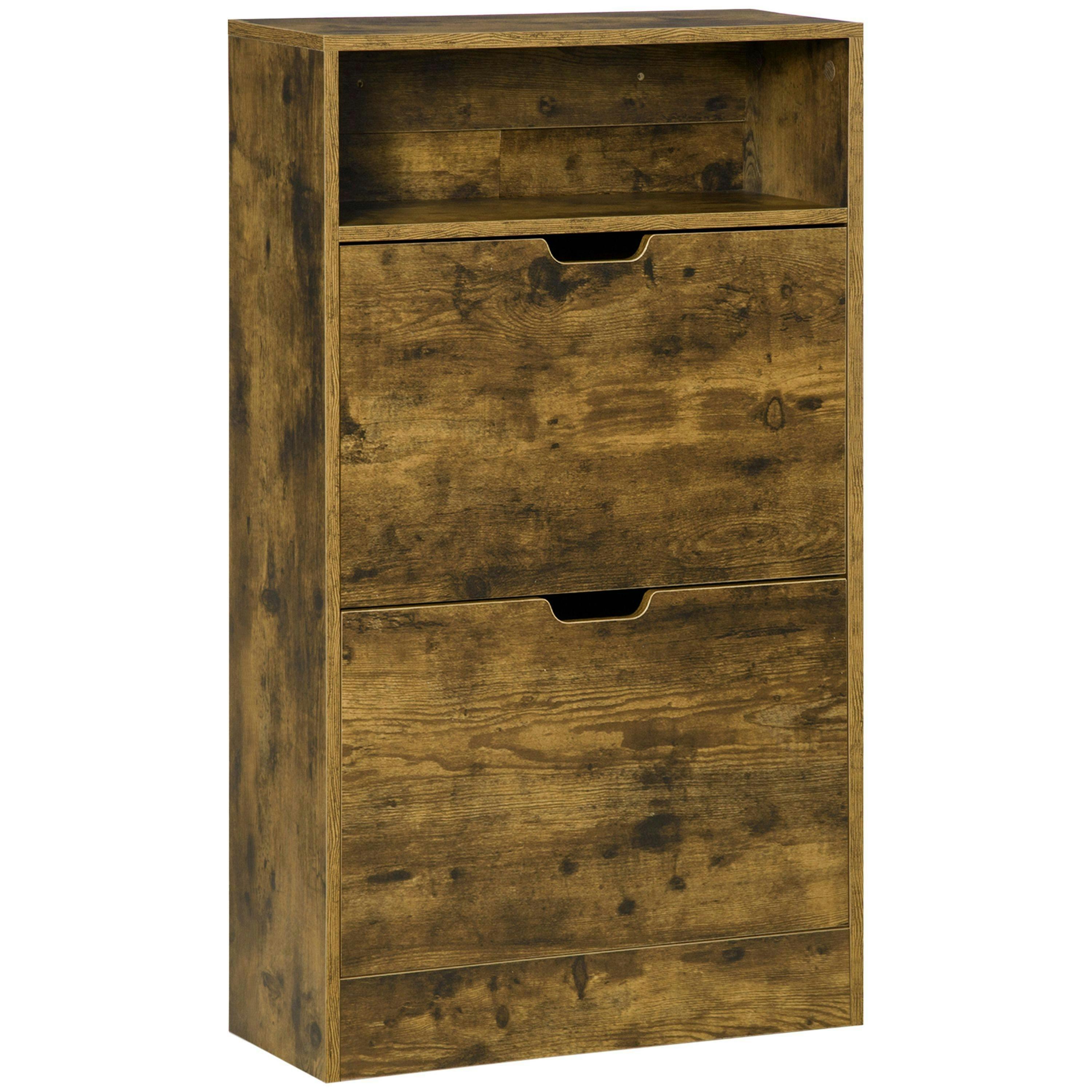 HOMCOM Rustic 2 Flip Door Shoe Cabinet with Adjustable Divider and Open Shelf , view 2 of 5