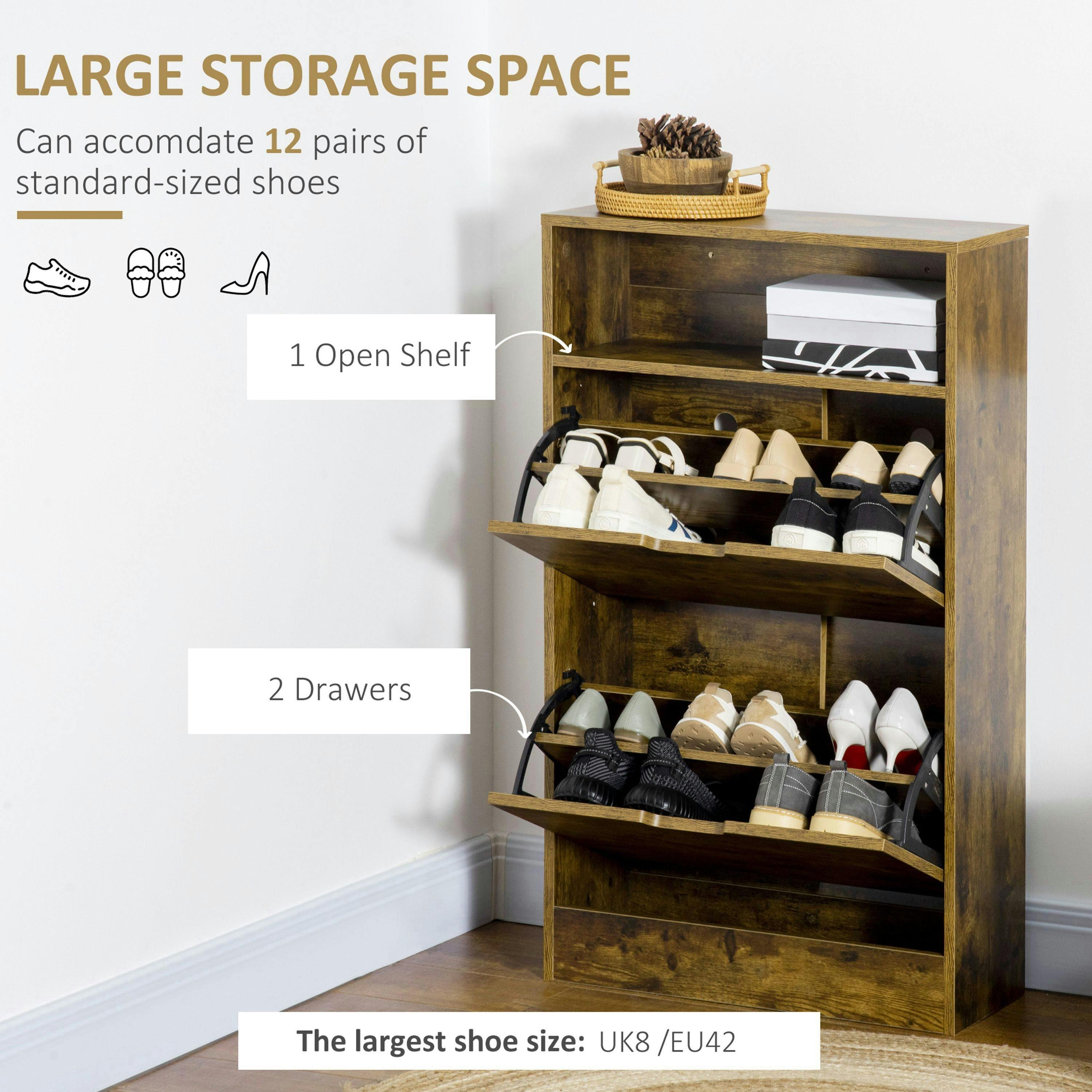 HOMCOM Rustic 2 Flip Door Shoe Cabinet with Adjustable Divider and Open Shelf , view 4 of 5