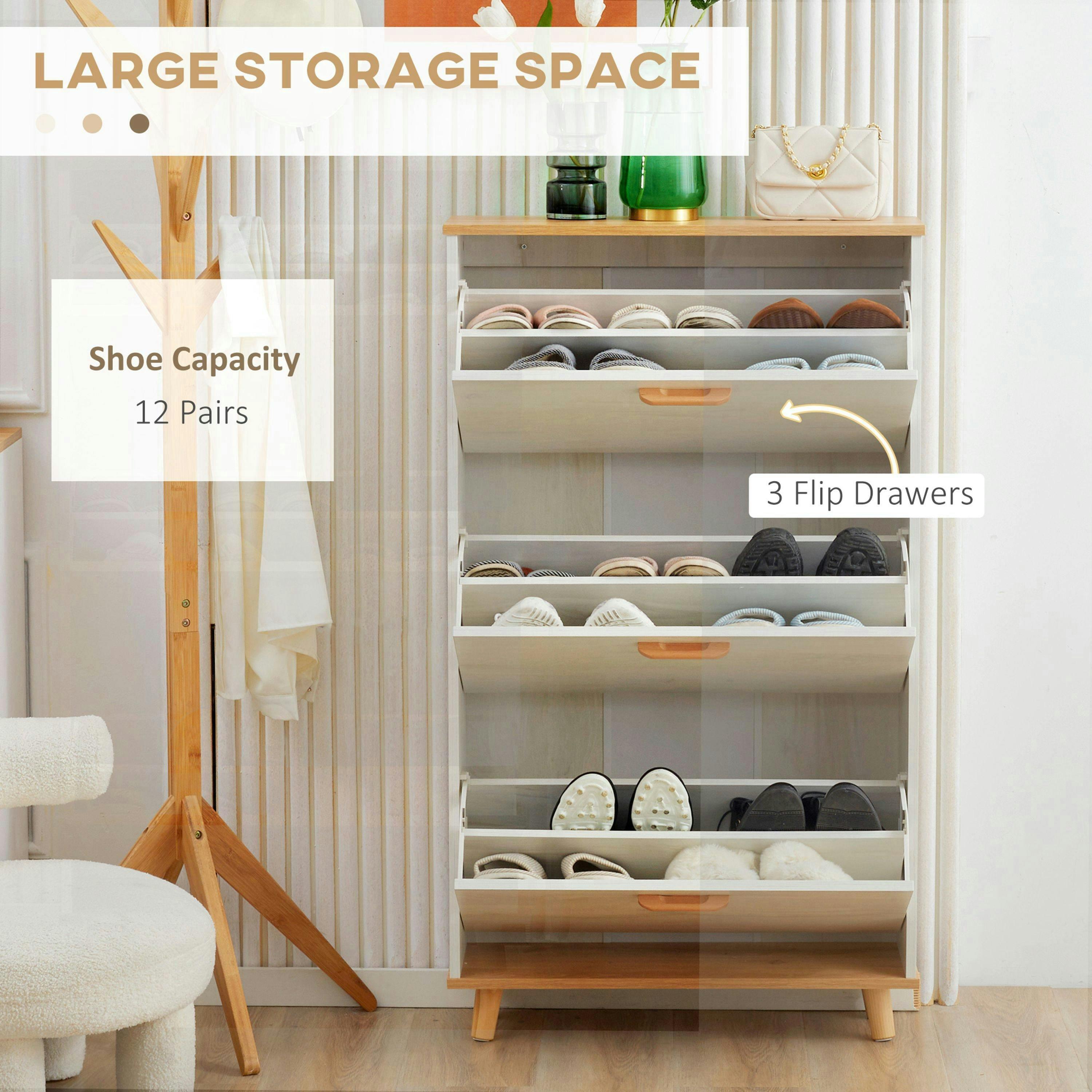 HOMCOM 12 Pair Slim Shoe Cabinet w/ 3 Flip Drawers for Entryway , view 4 of 5