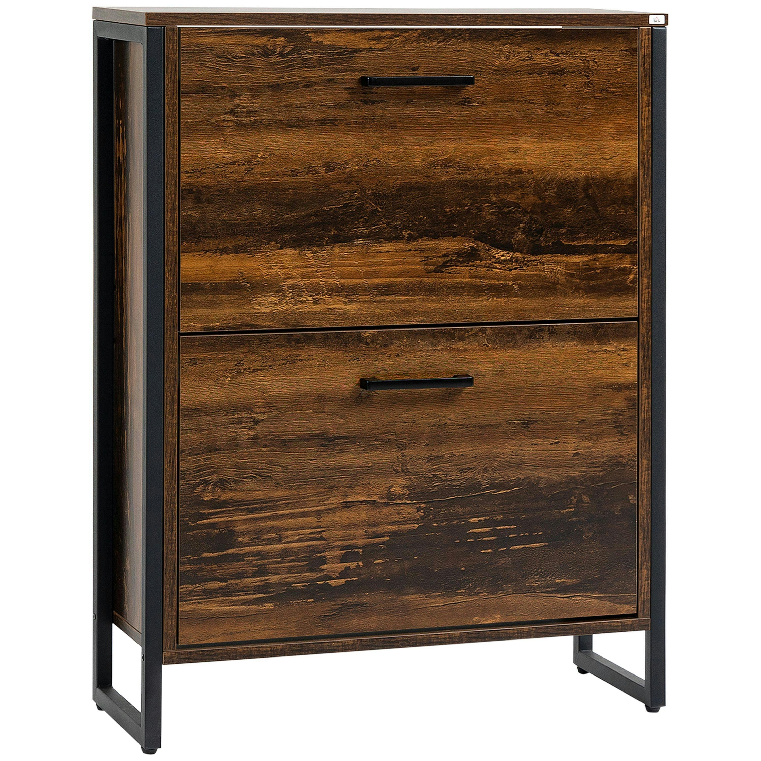 HOMCOM 2 Flip Door Shoe Cabinet with Divider for Entryway Rustic Brown , view 2 of 5
