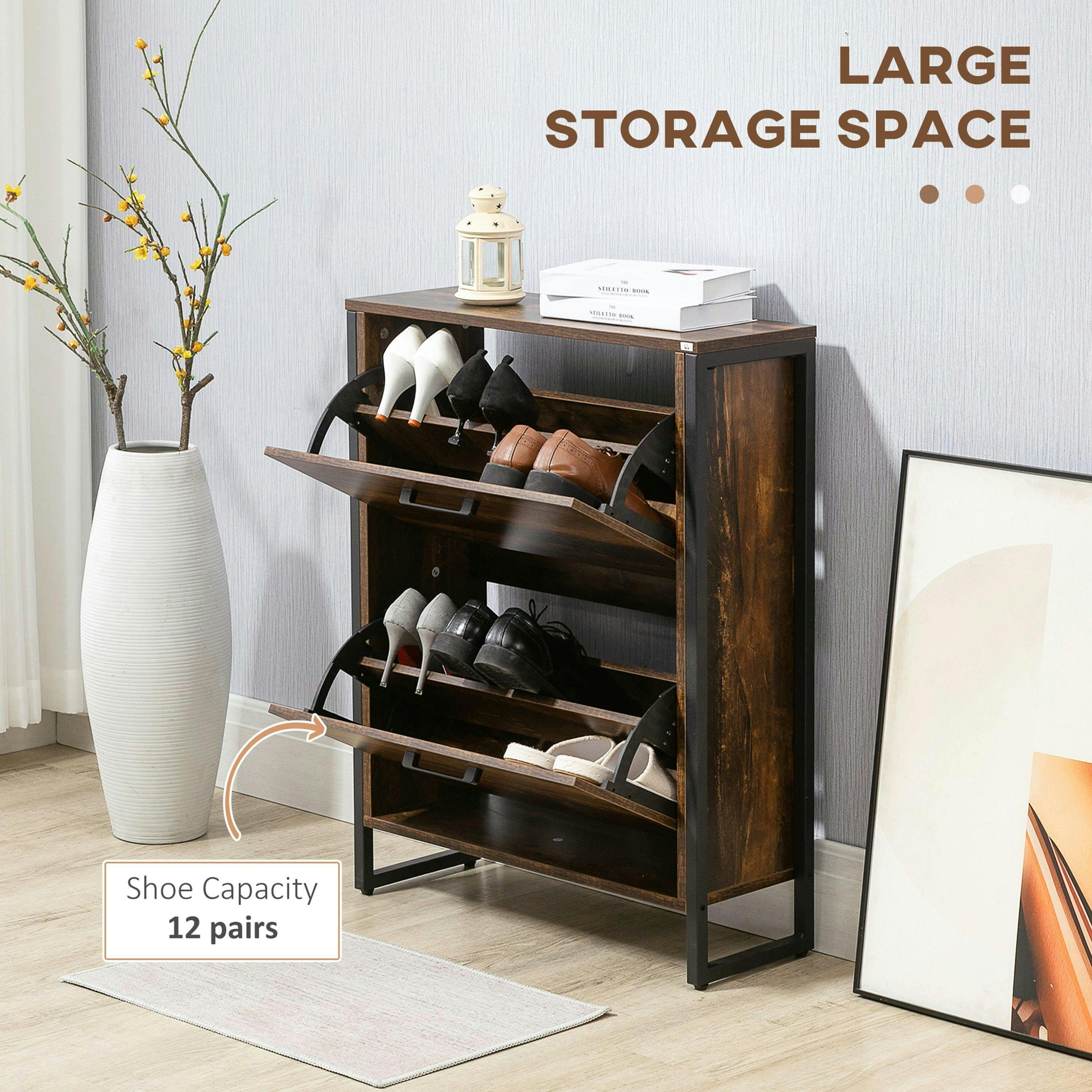 HOMCOM 2 Flip Door Shoe Cabinet with Divider for Entryway Rustic Brown , view 4 of 5