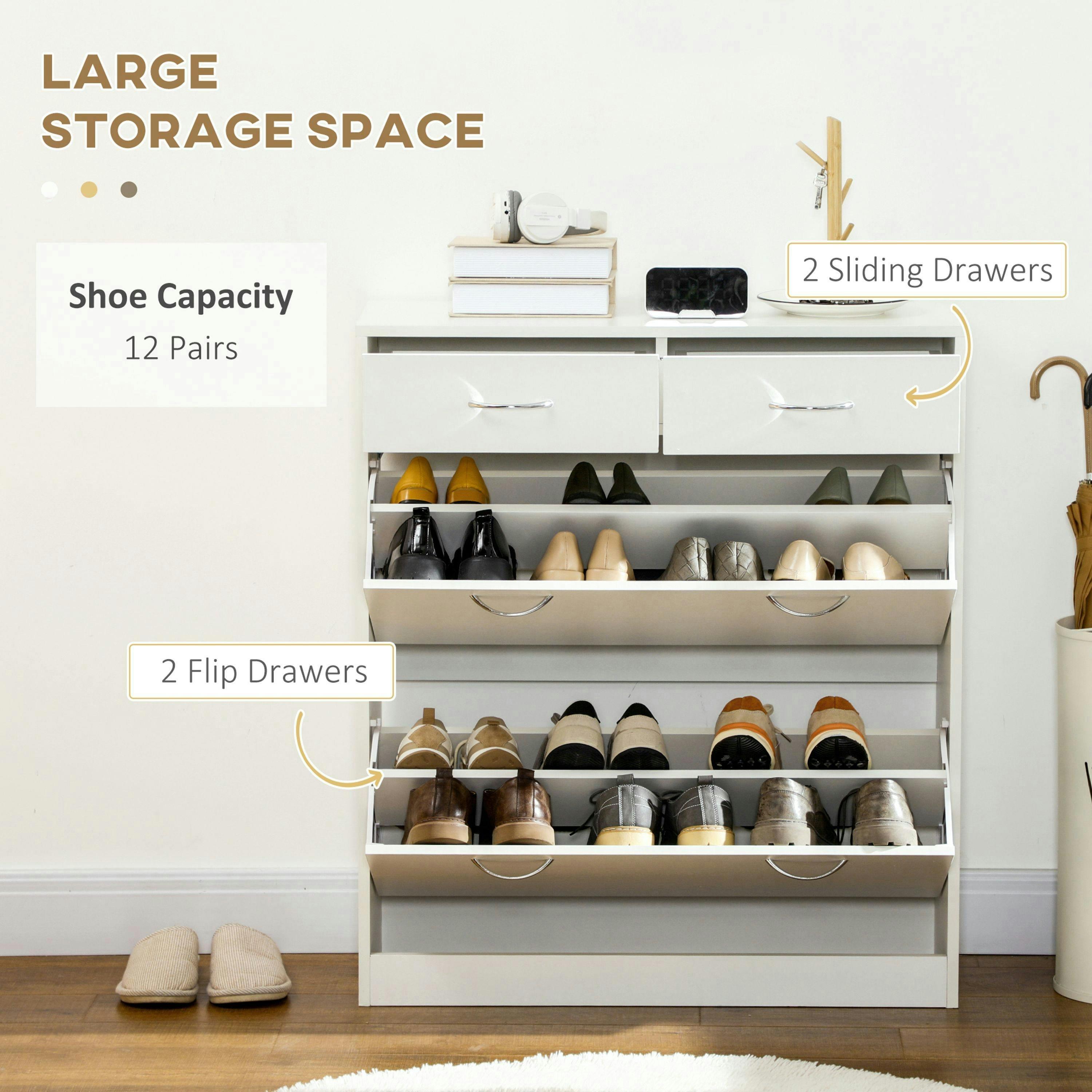 HOMCOM Slim Shoe Cabinet with 2 Flip Drawers for 12 Pairs of Shoes White , view 4 of 5