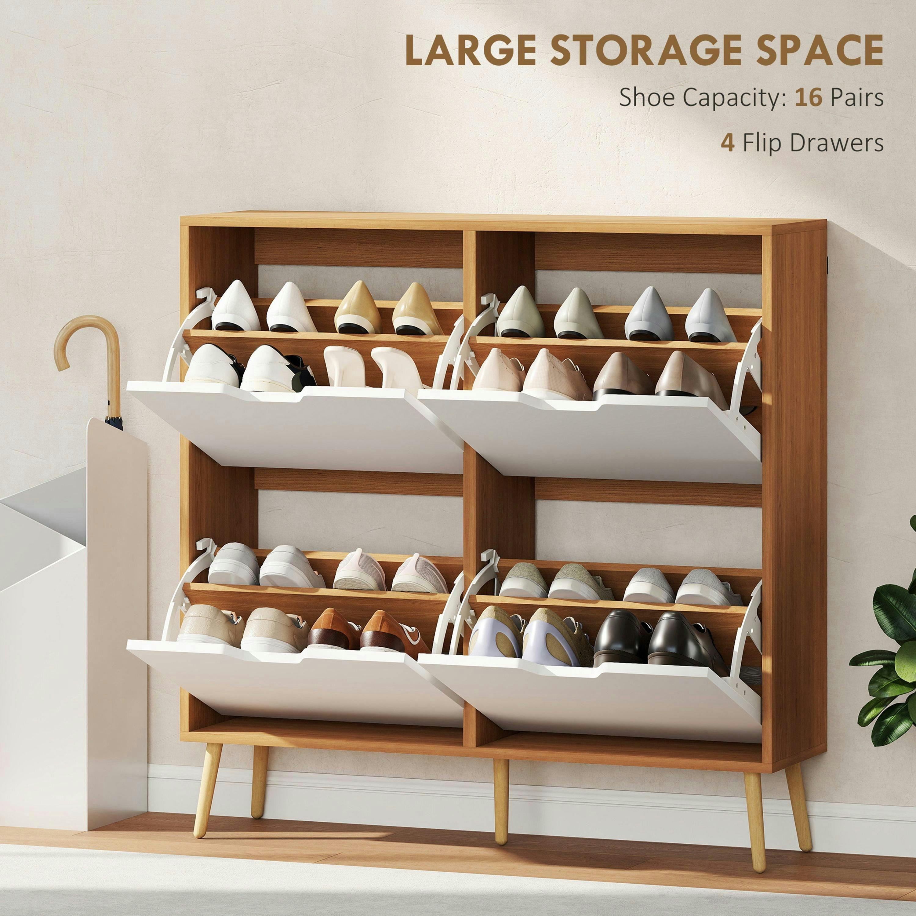 HOMCOM Shoe Storage Cabinet with 4 Flip Drawers for 8-16 Pairs, Natural , view 4 of 5