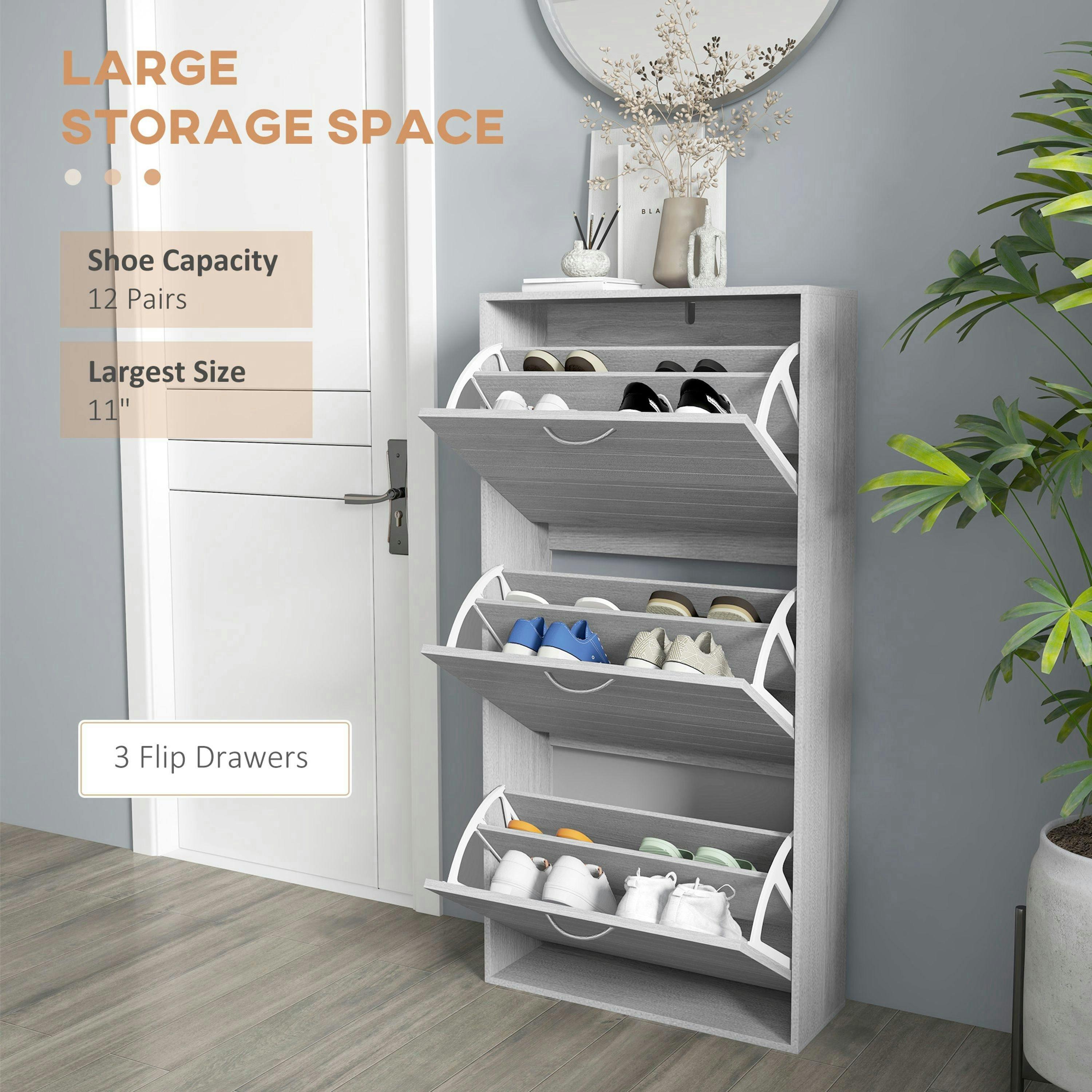 HOMCOM Slim Shoe Storage Cabinet with 3 Flip Drawers, Grey , view 4 of 5