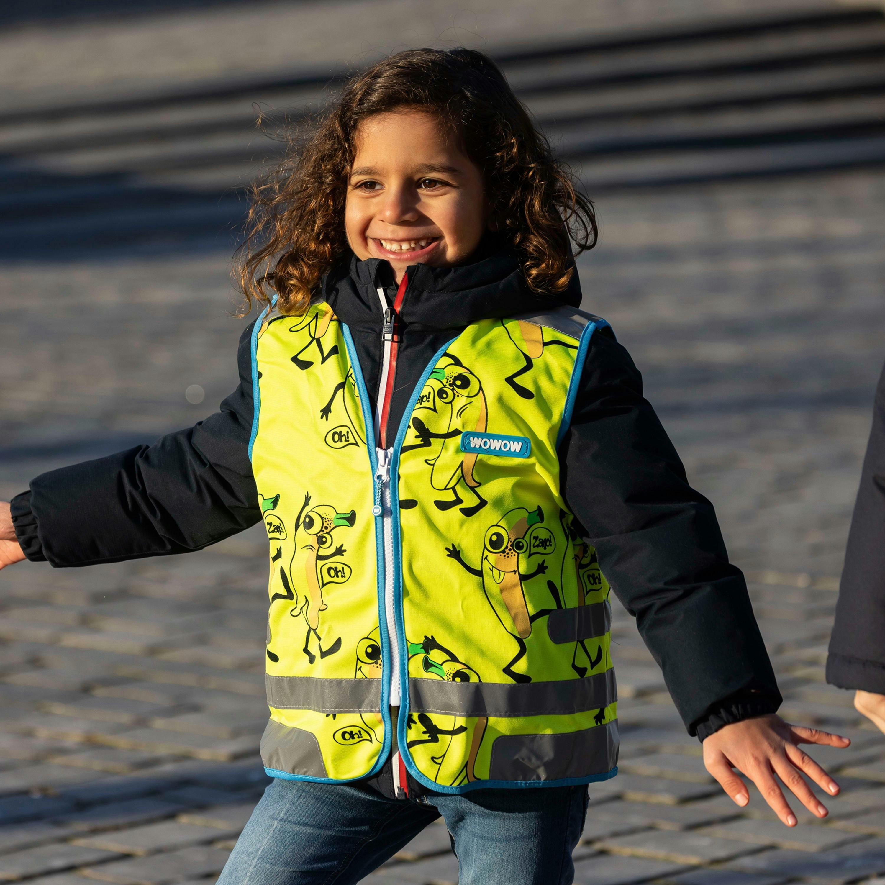 Yellow Hi Vis Reflective Vest for Kids | Comic Veggie School Outdoor Gilet , view 3 of 5