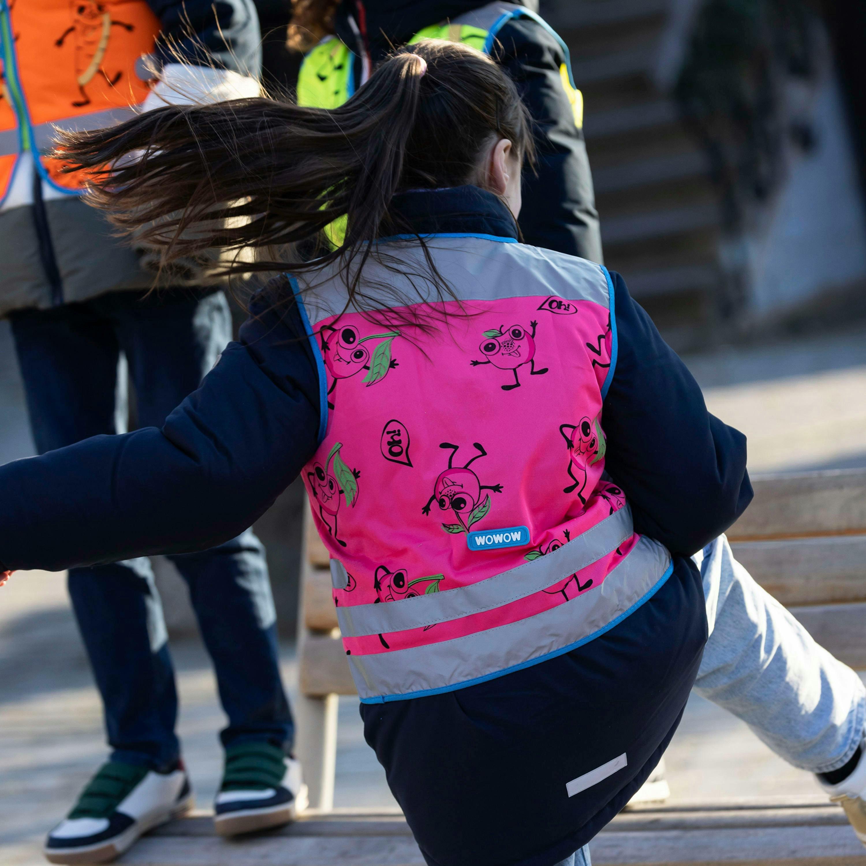 Pink Hi Vis Reflective Vest for Kids | Comic Veggie School Outdoor Gilet , view 3 of 5