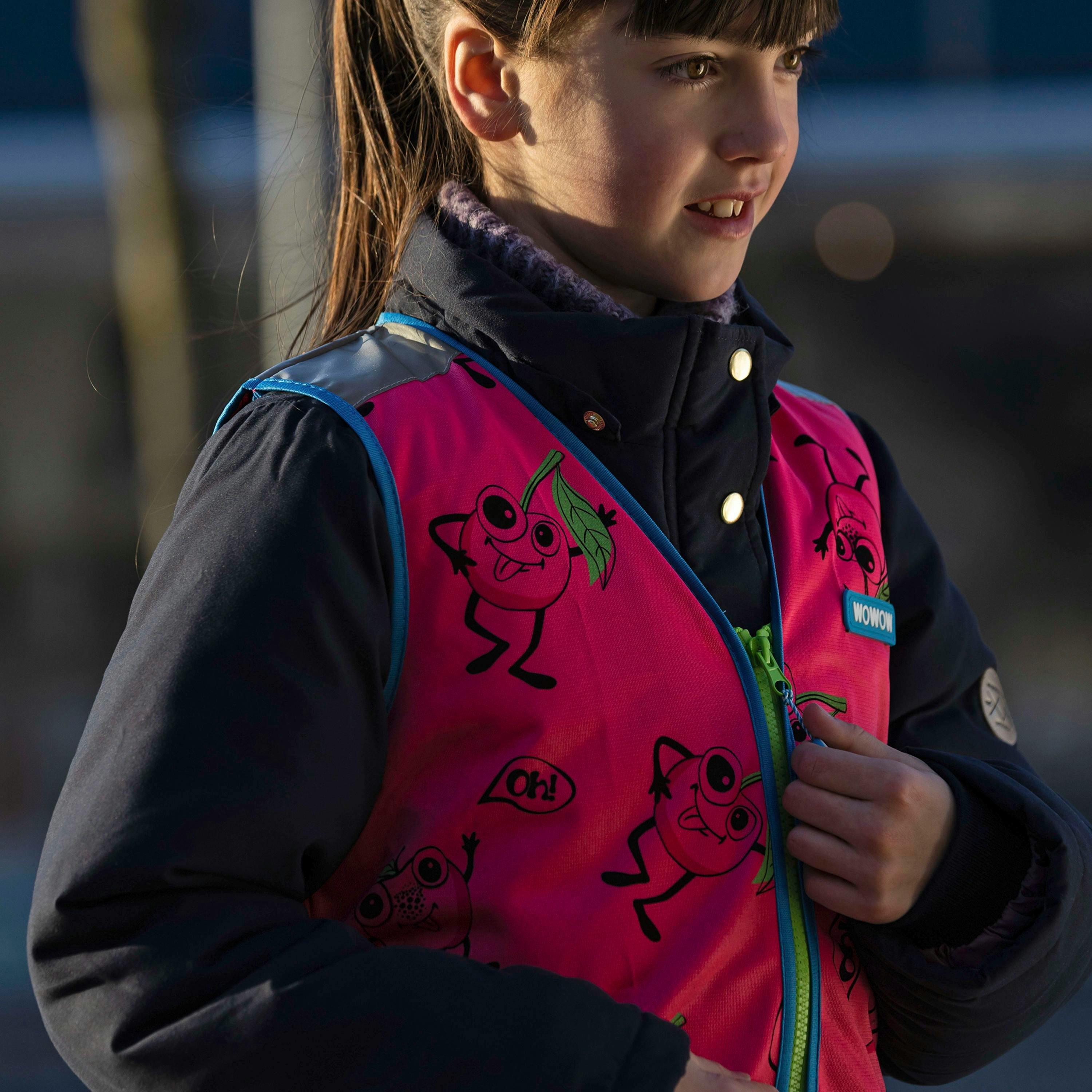 Pink Hi Vis Reflective Vest for Kids | Comic Veggie School Outdoor Gilet , view 4 of 5