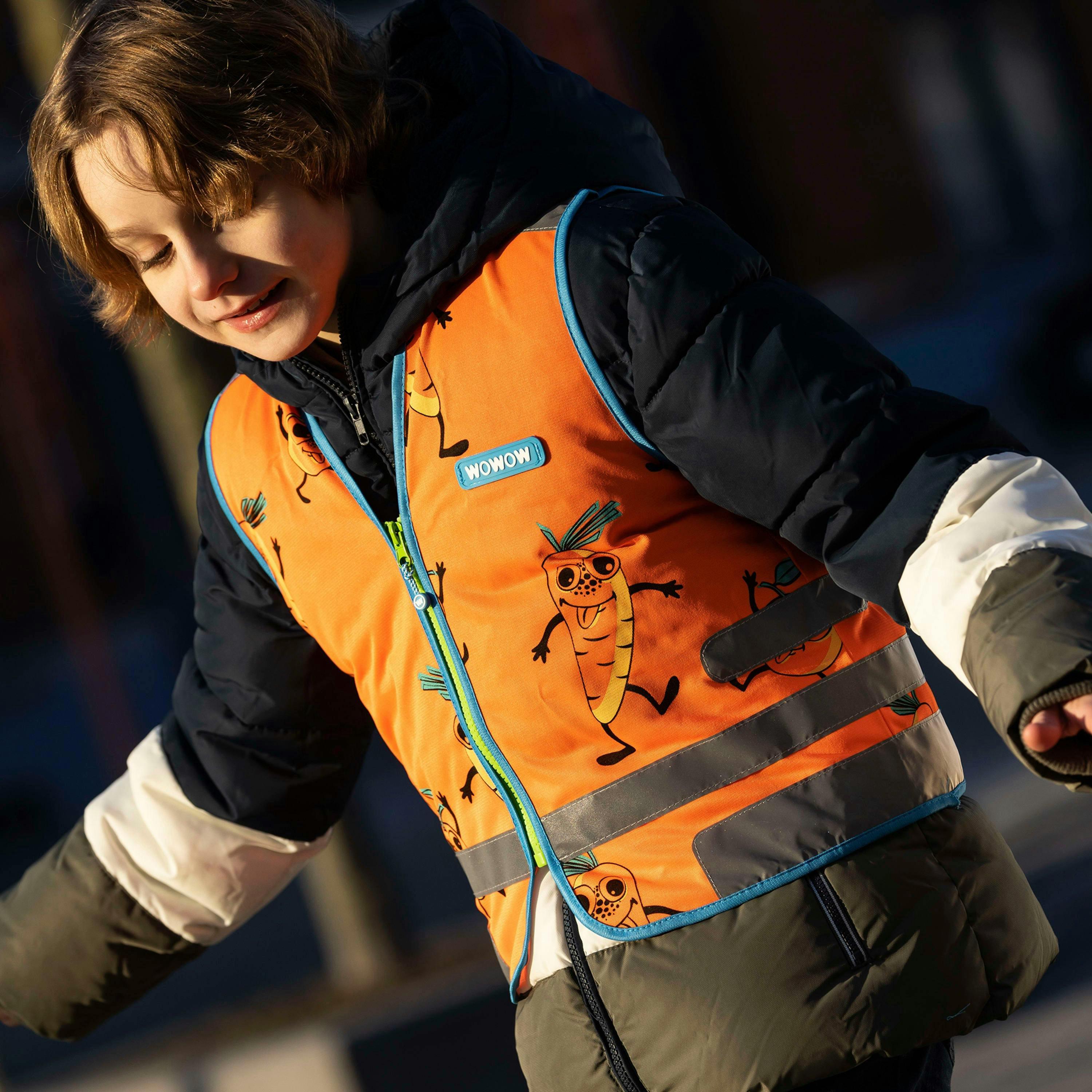 Orange Hi Vis Reflective Vest for Kids | Comic Veggie School Outdoor Gilet , view 3 of 5
