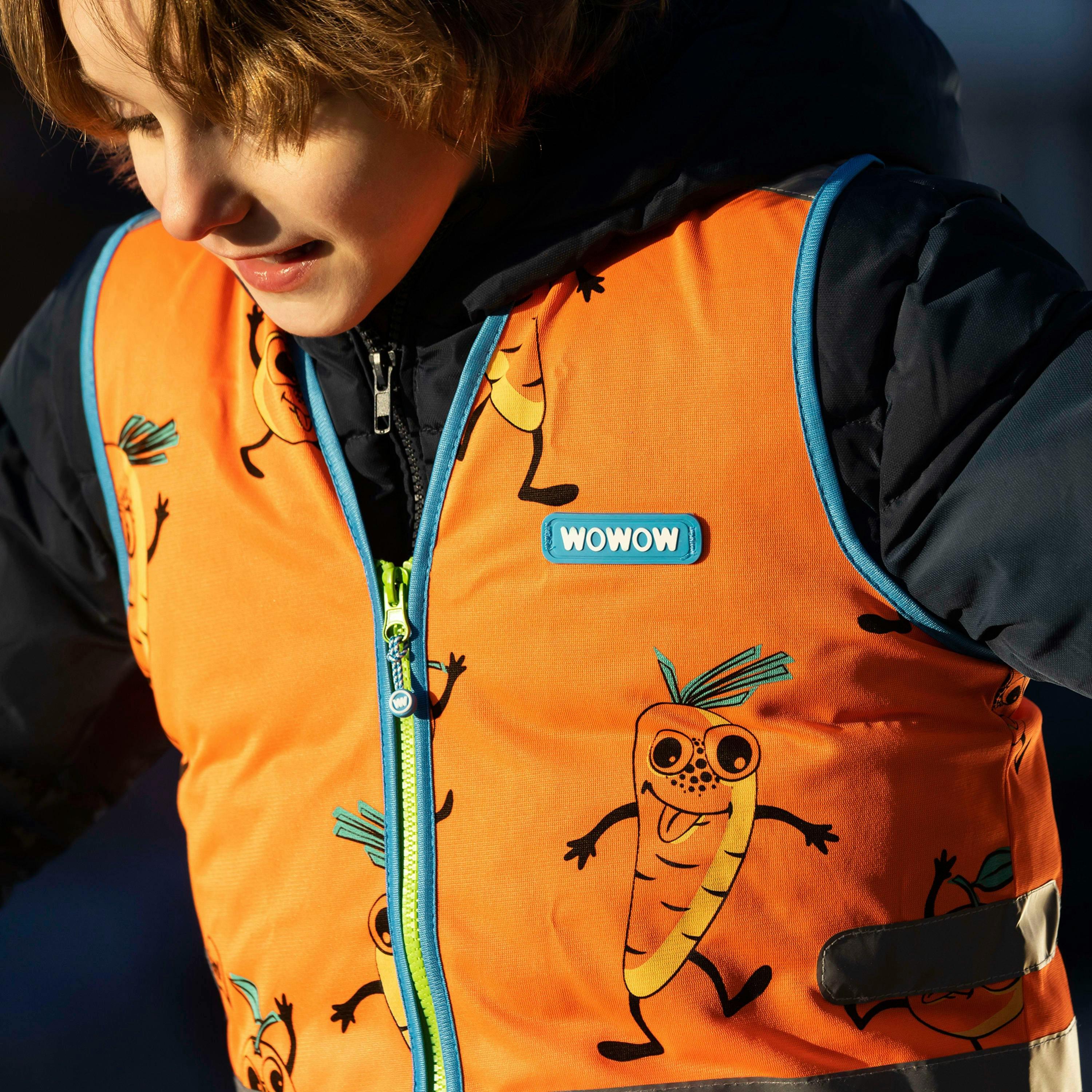 Orange Hi Vis Reflective Vest for Kids | Comic Veggie School Outdoor Gilet , view 4 of 5