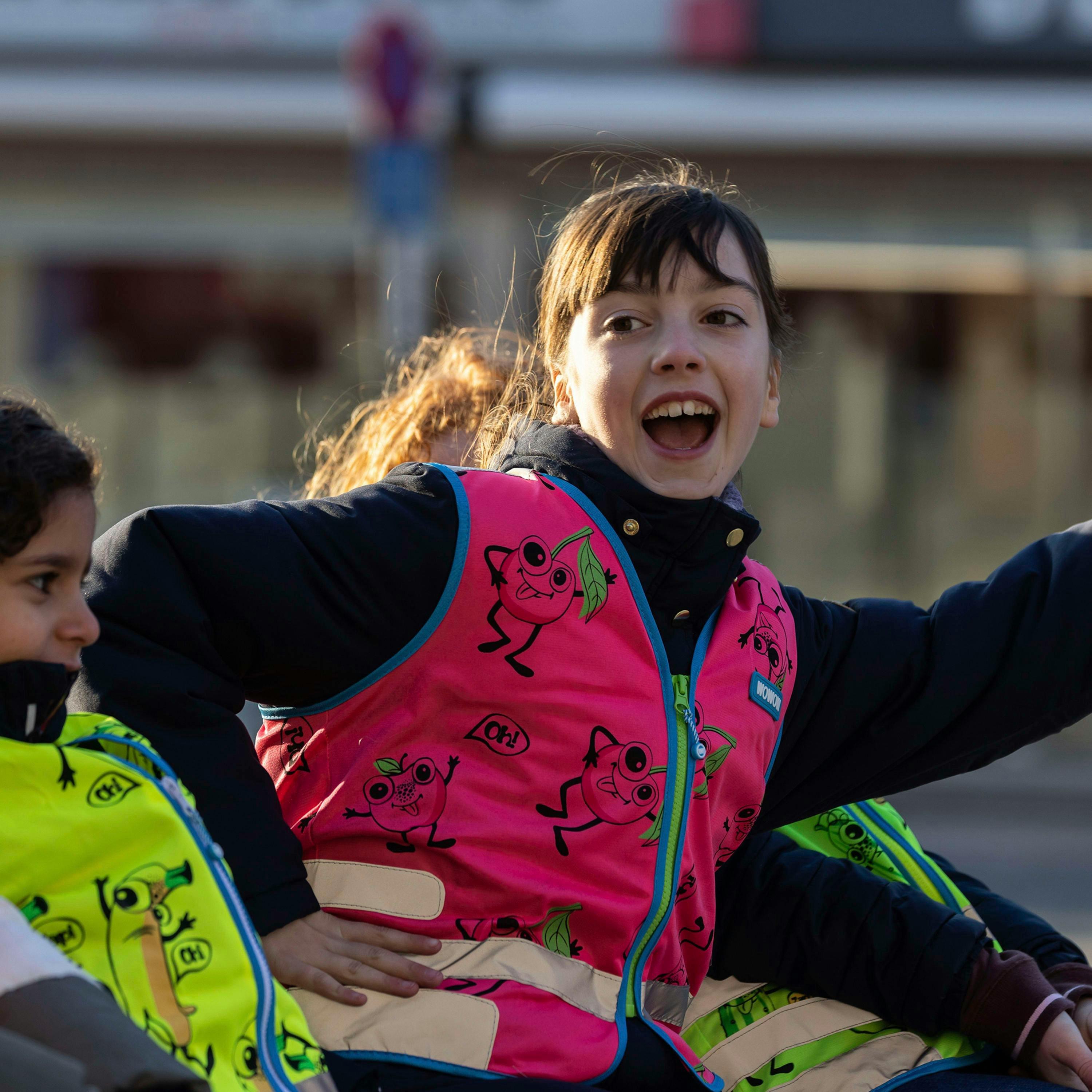 Pink Hi Vis Reflective Vest for Kids | Comic Veggie School Outdoor Gilet , view 5 of 5