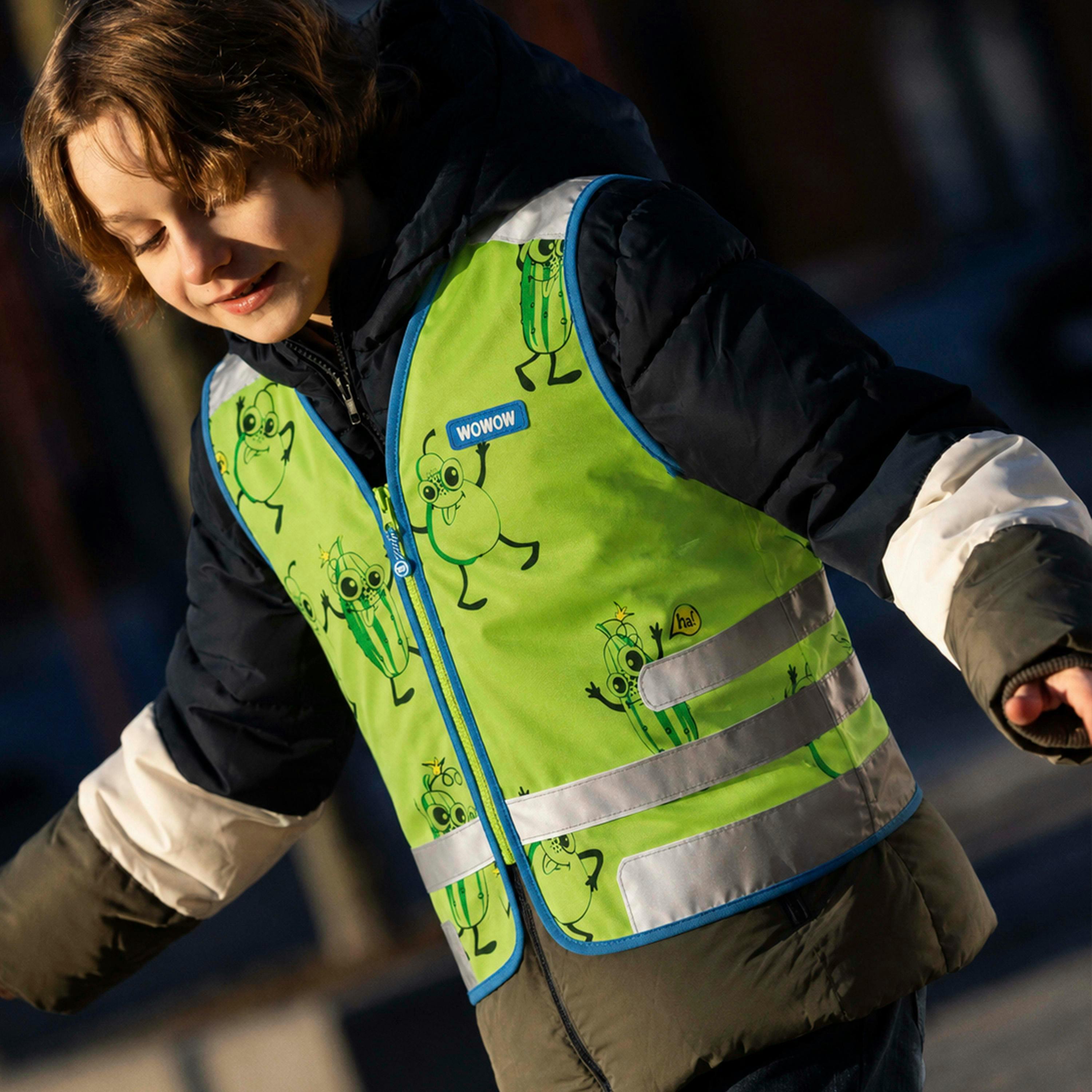 Green Hi Vis Reflective Vest for Kids | Comic Veggie School Outdoor Gilet , view 4 of 5