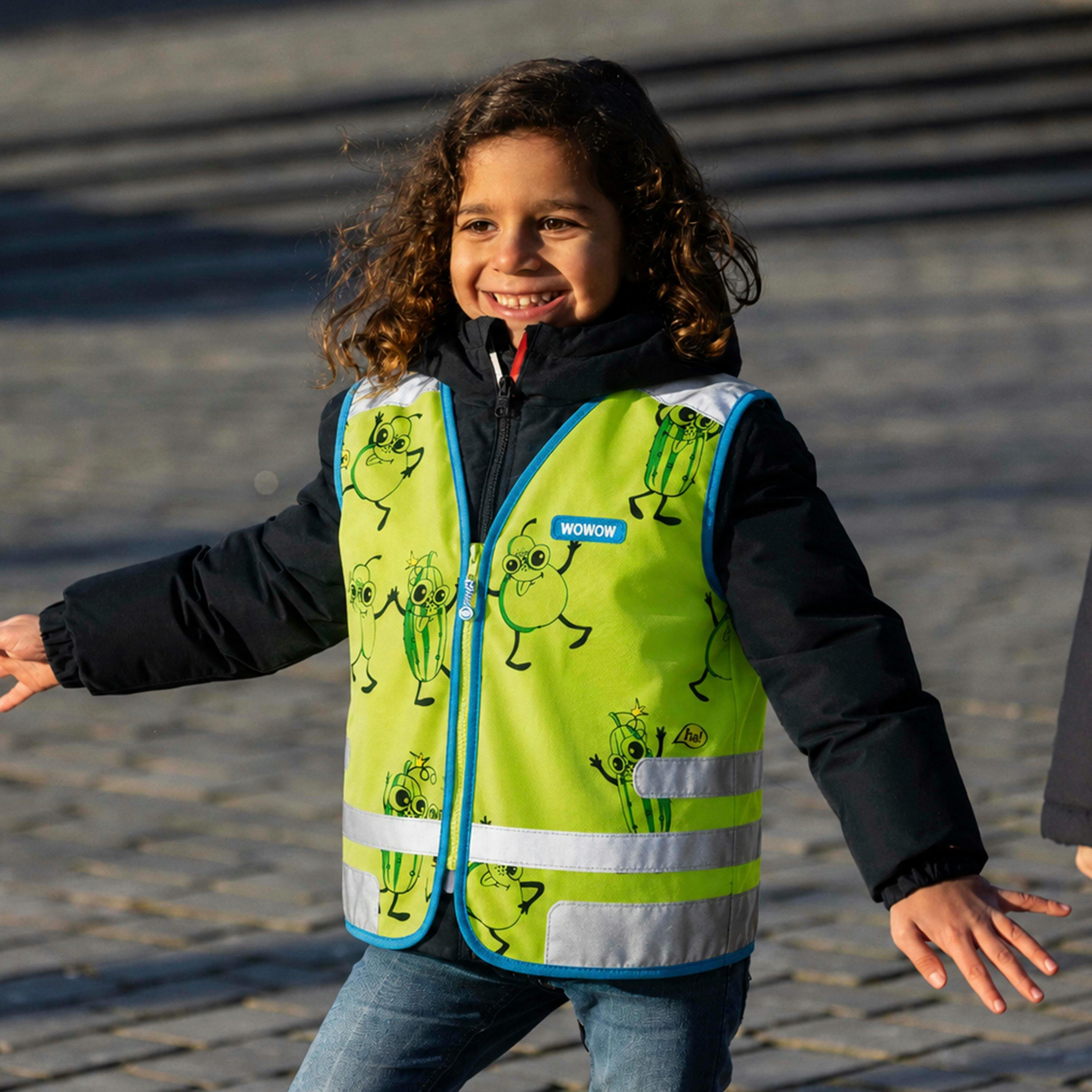 Green Hi Vis Reflective Vest for Kids | Comic Veggie School Outdoor Gilet , view 5 of 5