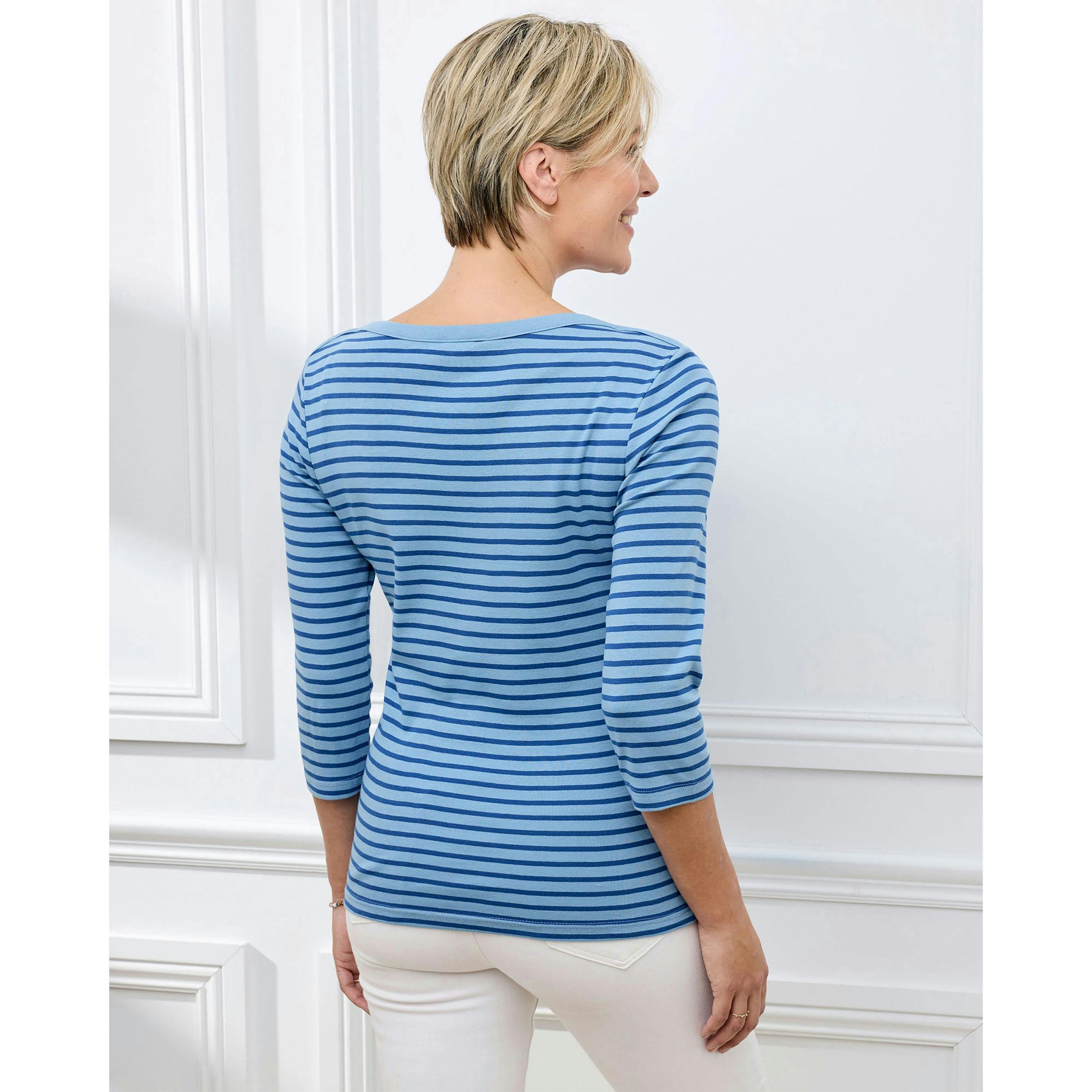 Cotton Traders Wrinkle Free 3/4 Sleeve Boat Neck Stripe Top , view 2 of 3