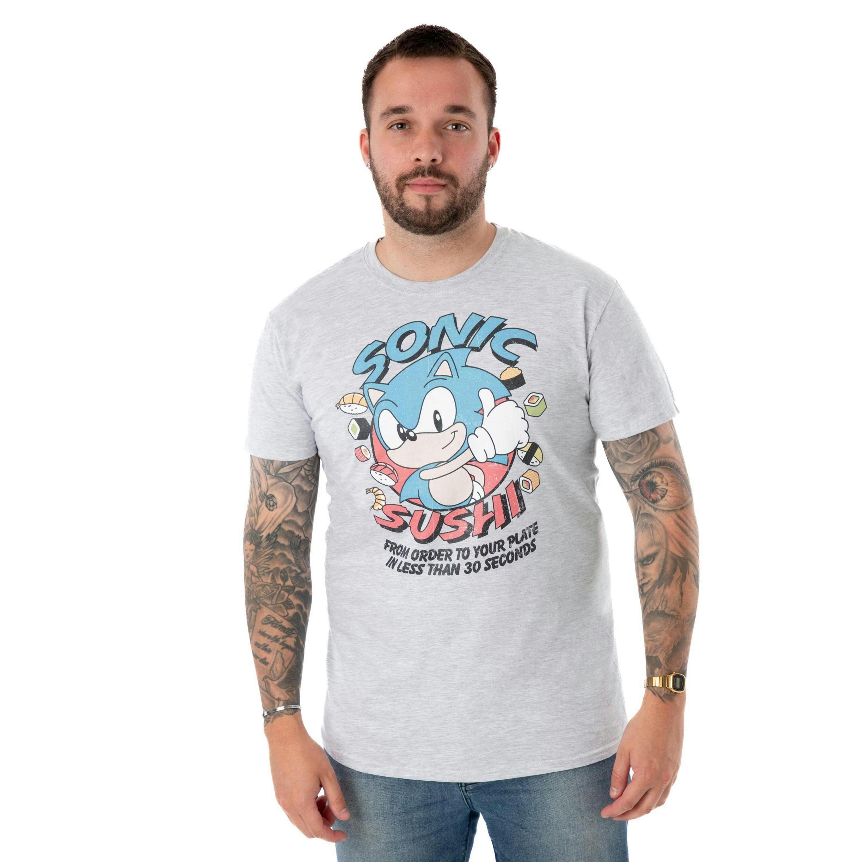 Sonic the Hedgehog Mens Grey Sonic Sushi Short Sleeved T-Shirt by Vanilla Underground , view 1 of 1