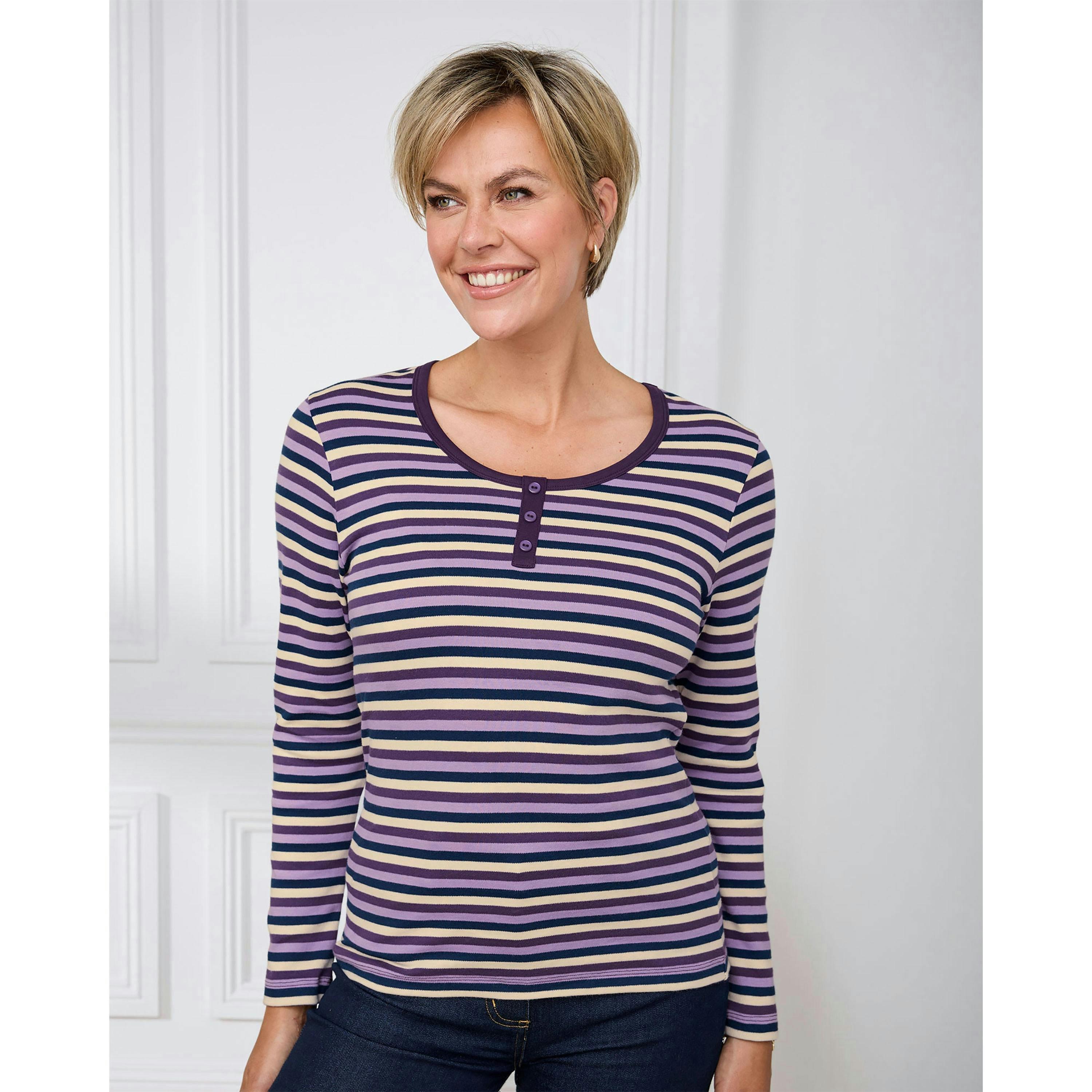 Cotton Traders Cosy Up Long Sleeve Stripe Button Neck Top , view 2 of 4