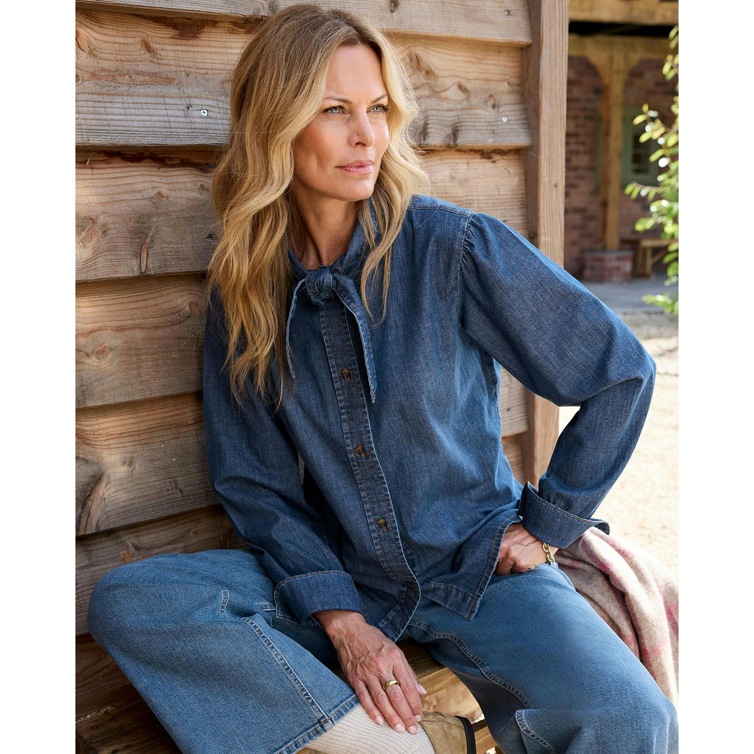 Cotton Traders Denim Tie Neck Blouse , view 2 of 4