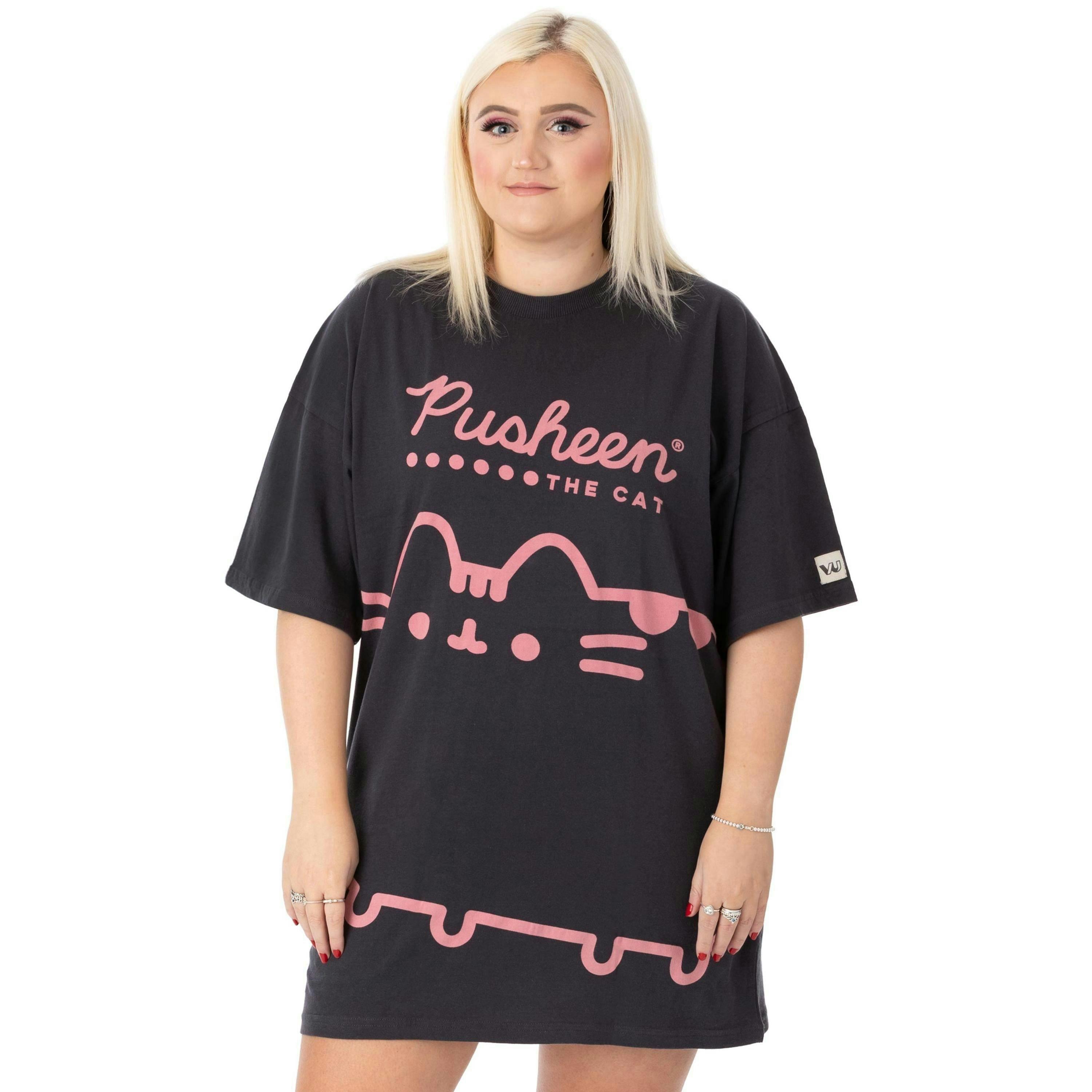 Pusheen Womens Grey Pusheen Character & Logo Print Oversized Short Sleeved T-Shirt by Vanilla Underground , view 1 of 1