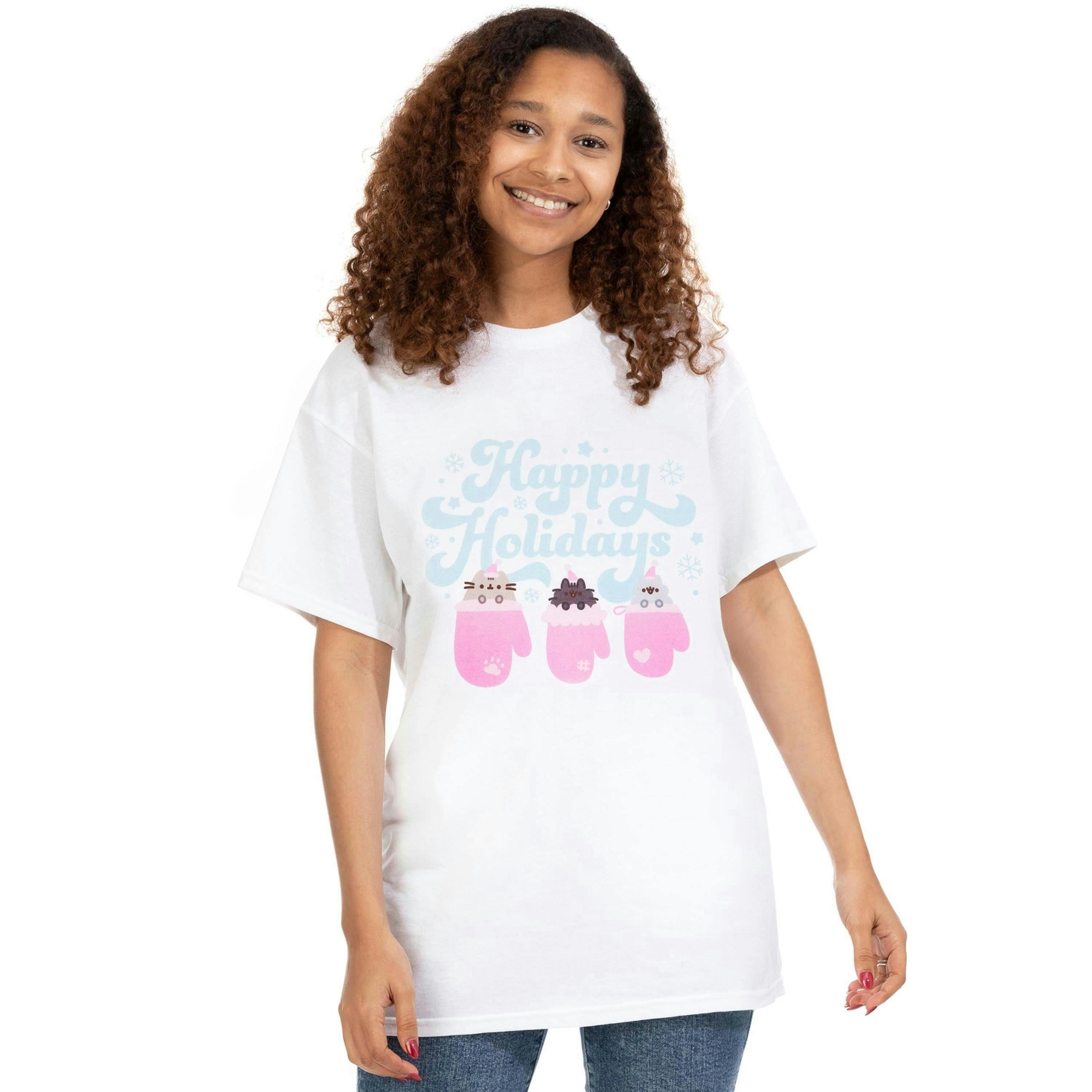 Pusheen Womens White Happy Holidays Short Sleeved T-Shirt by Vanilla Underground , view 1 of 1