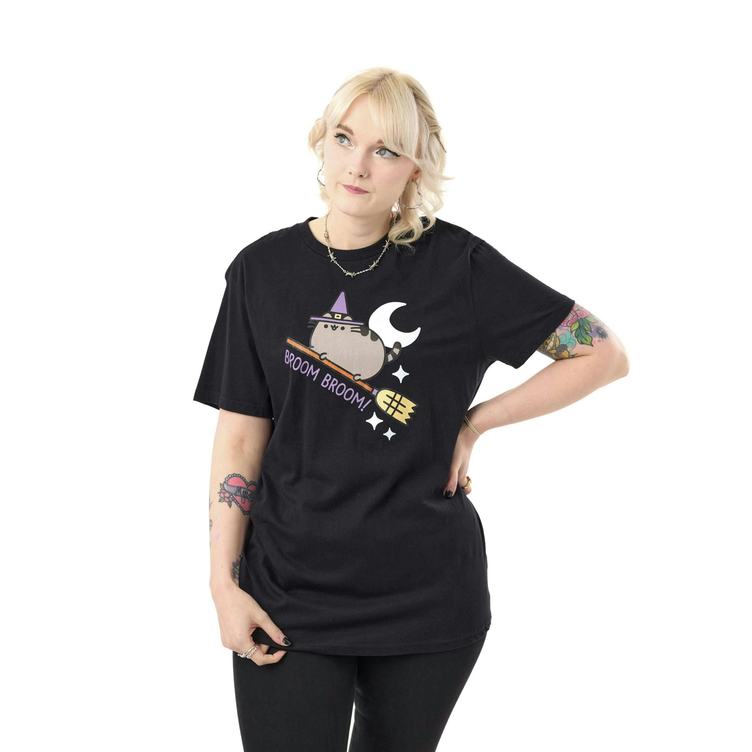 Pusheen Womens Black Halloween Broom Broom Short Sleeved T-Shirt by Vanilla Underground , view 1 of 1