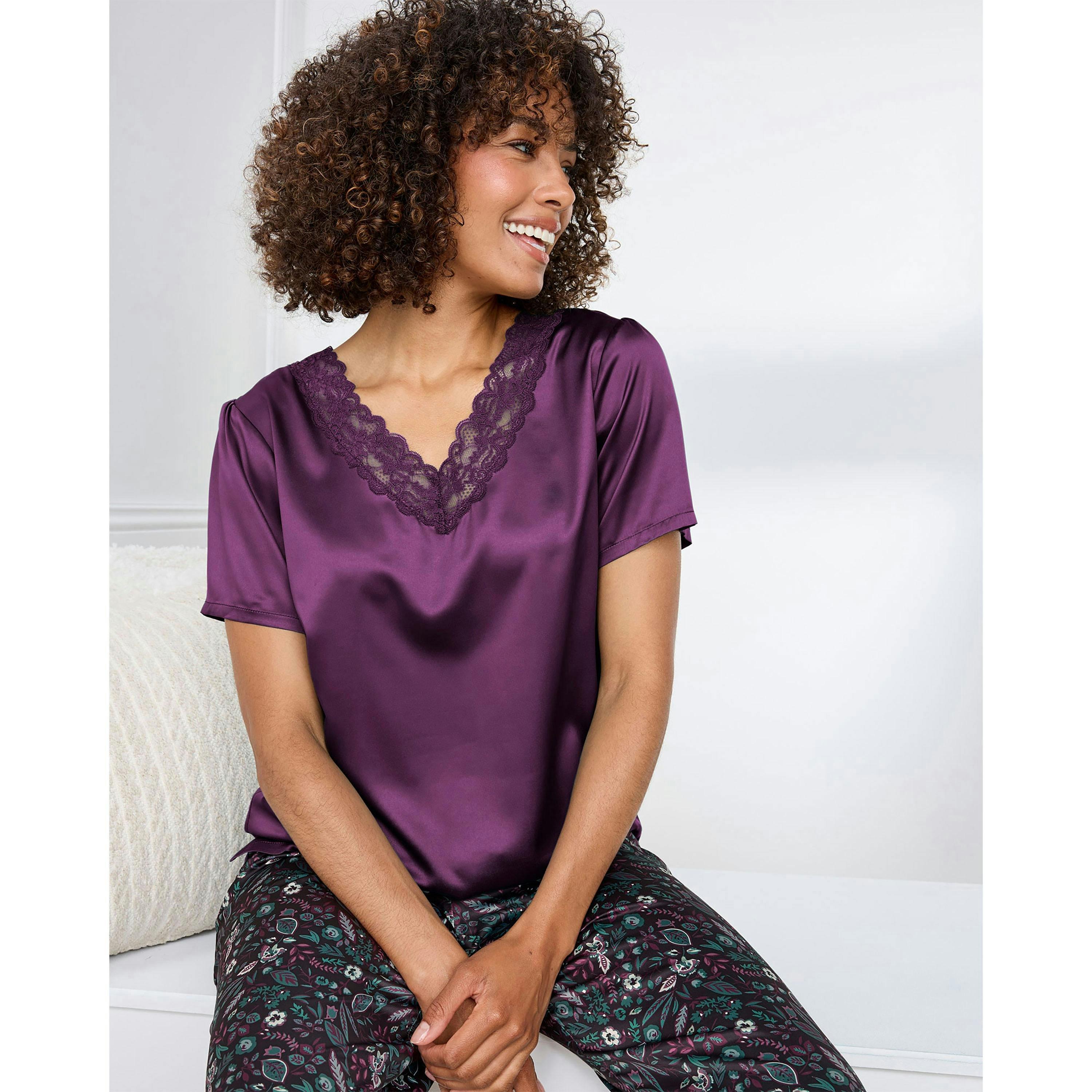 Cotton Traders Short Sleeve Lace Trim Satin PJ Set , view 3 of 3
