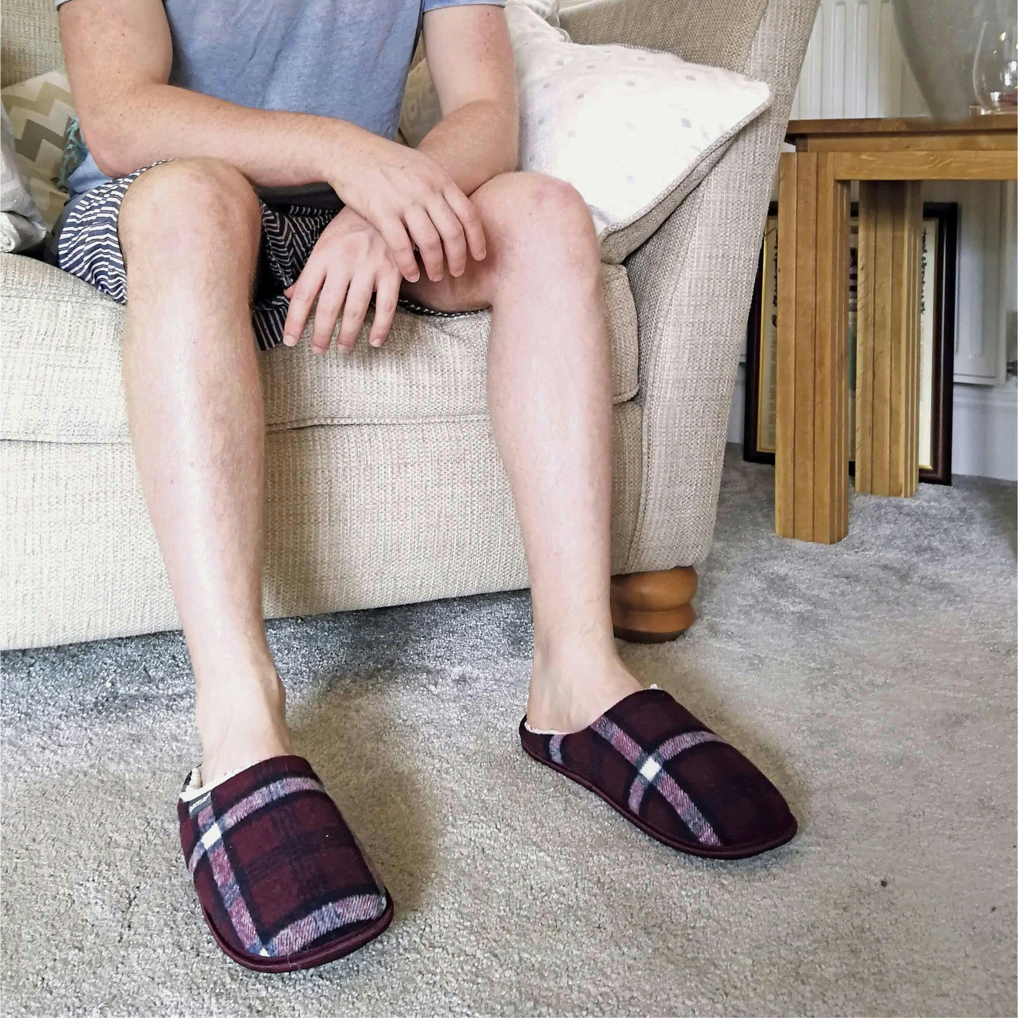 Mens Plush Fleece Lined Slip On Mule Checked Plaid Slippers , view 3 of 5