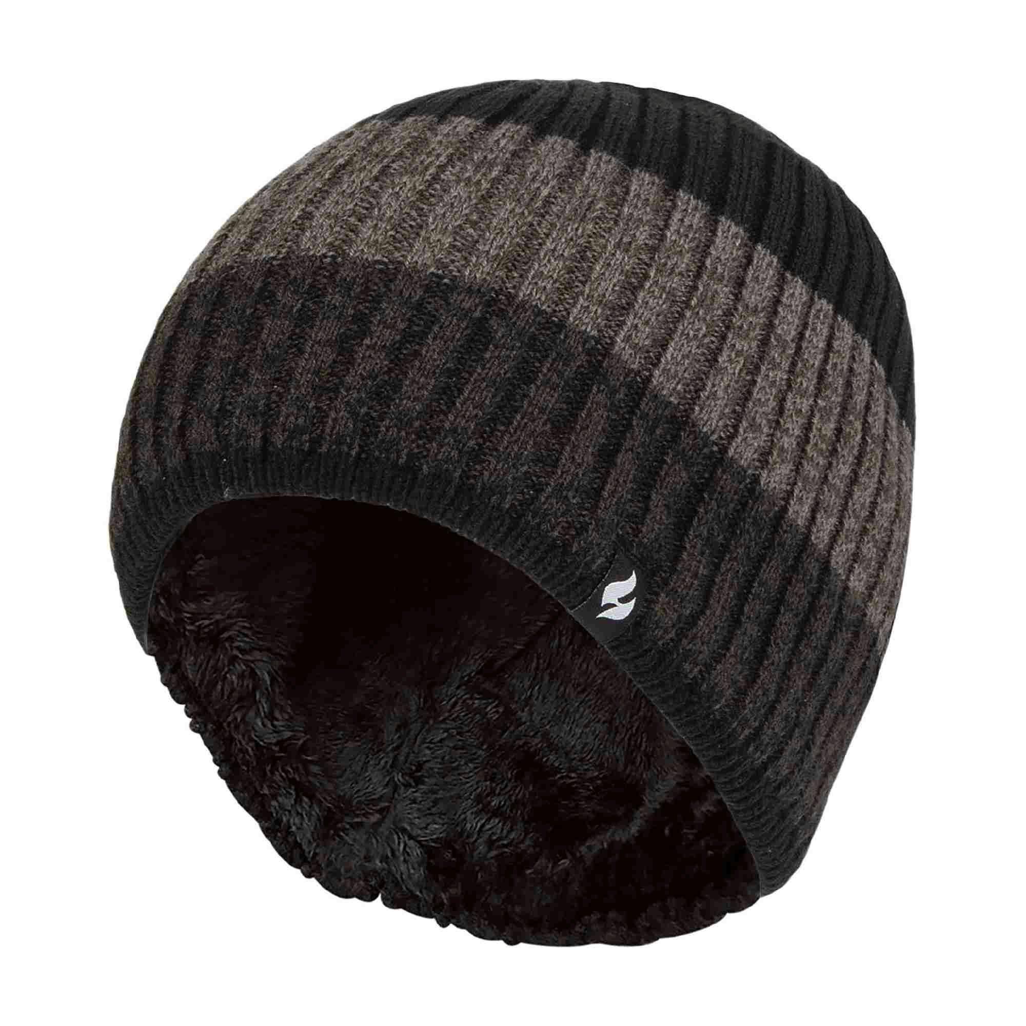 Mens Striped Turnover Cuff Knitted Thermal Beanie Hat for Winter , view 2 of 5