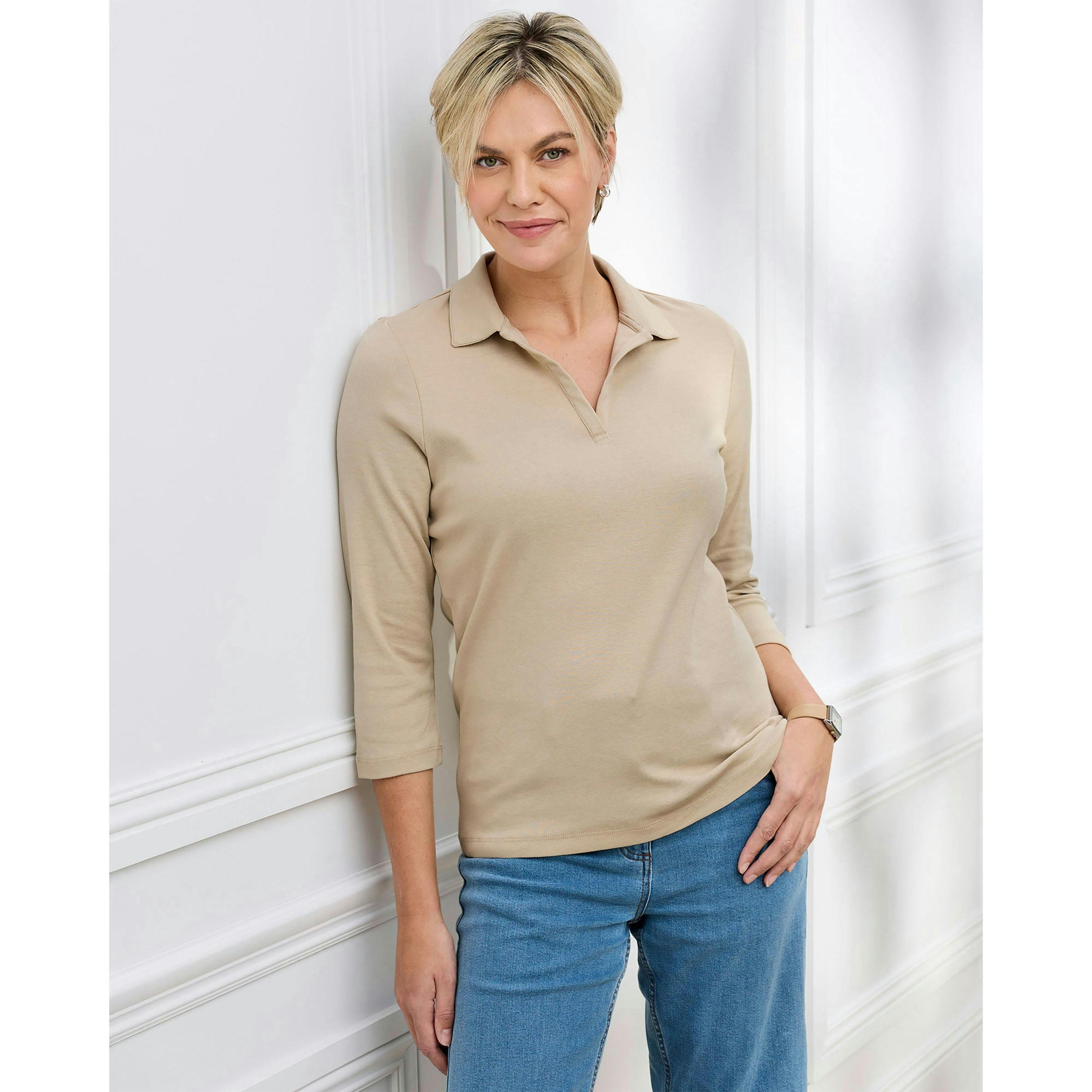 Cotton Traders Wrinkle Free 3/4 Sleeve Collared Polo Top , view 2 of 3