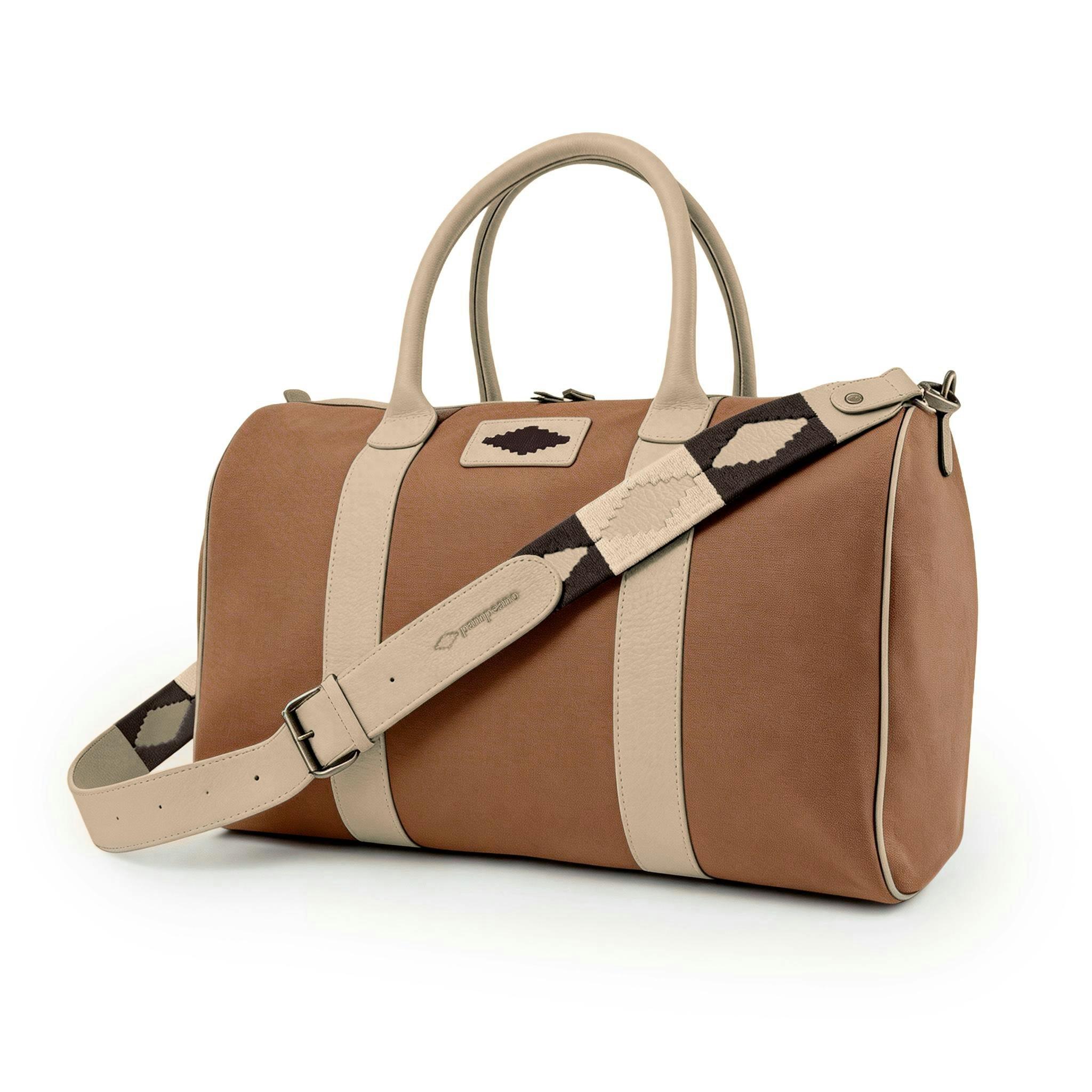 Varon small travel bag - stone leather and ochre canvas , view 2 of 2