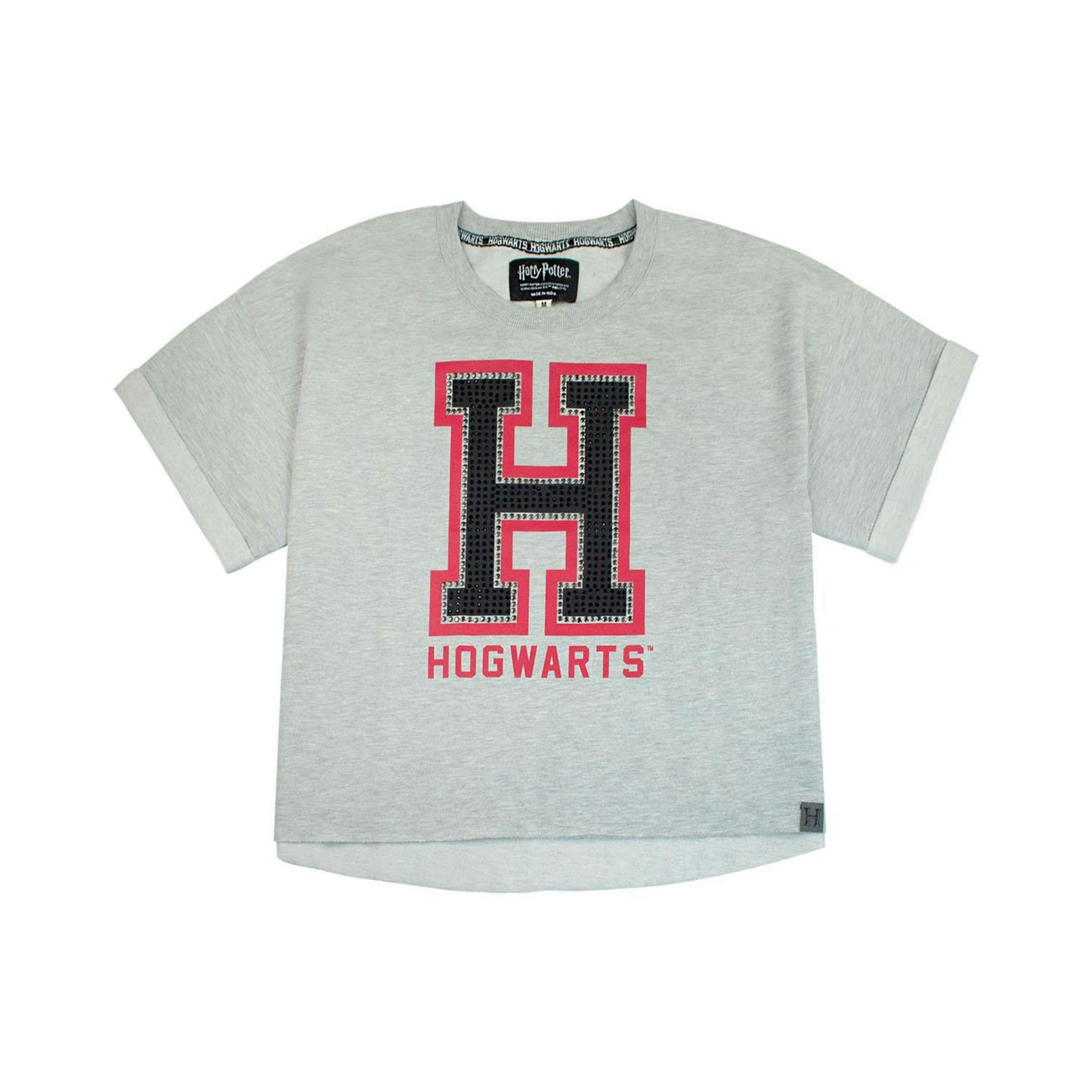 Harry Potter Womens Grey Hogwarts Alumni Text Print Cropped Short Sleeved T-Shirt by Vanilla Underground , view 1 of 1