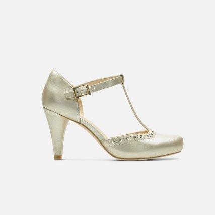 Champagne leather womens high heels with brogue detailing and an ankle strap