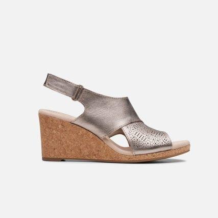 Pewter metallic leather womens sandals with a 7cm wedge heel