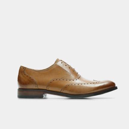 Mens brown leather brogue shoe with burnished detailing