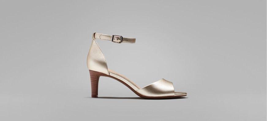 Metallic open toe wedding heels with ankle fastening