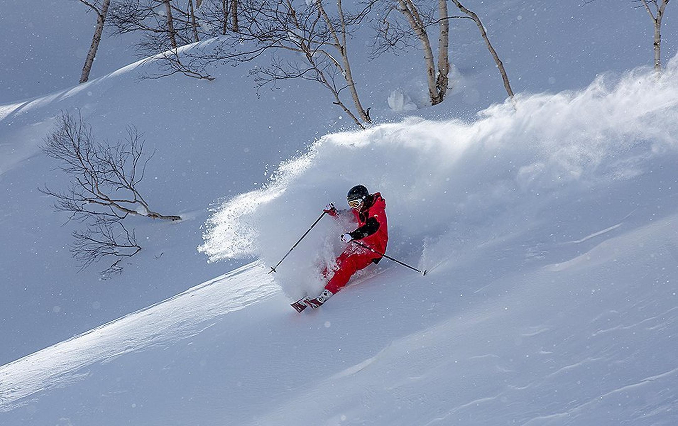 Alex Ferreira skis down a gorgeous powder bowl as a giant spray of snow envelops his entire body as light reflects around him.