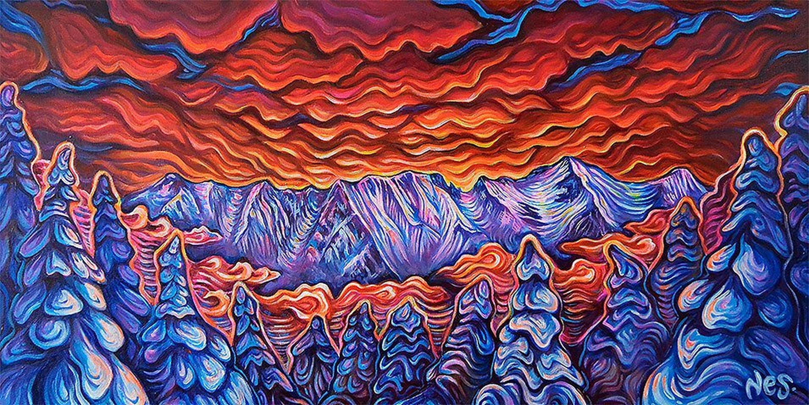 A Vanessa Stark painting titled “Love, Lines and Light” that shows a purple-and-red mountain landscape.