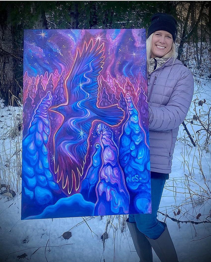 A Vanessa Stark painting titled “Flow &amp; Feather - Spirit of the Mountain.”