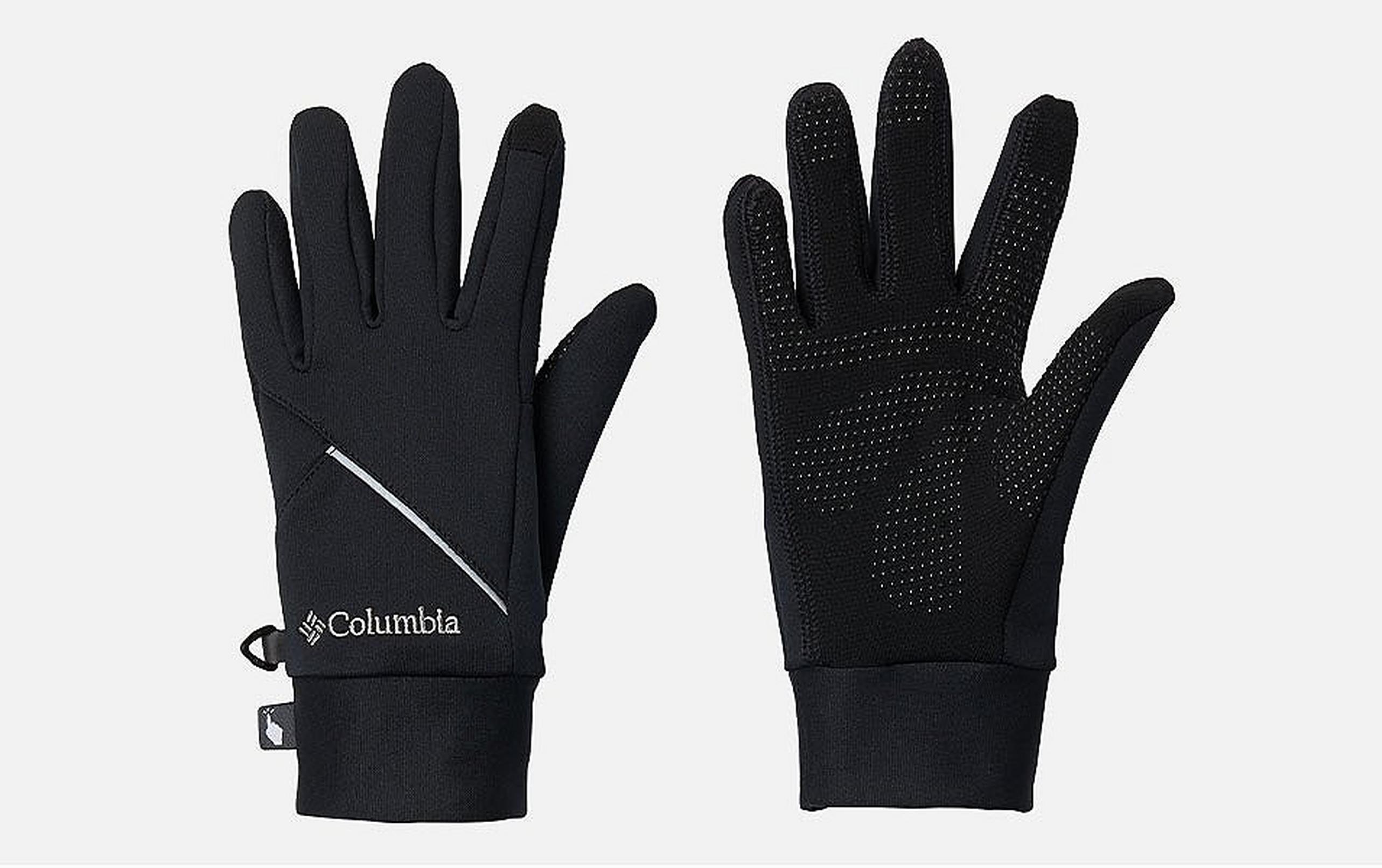 A product shot of a black pair of Columbia Sportwear performance gloves with a white background.
