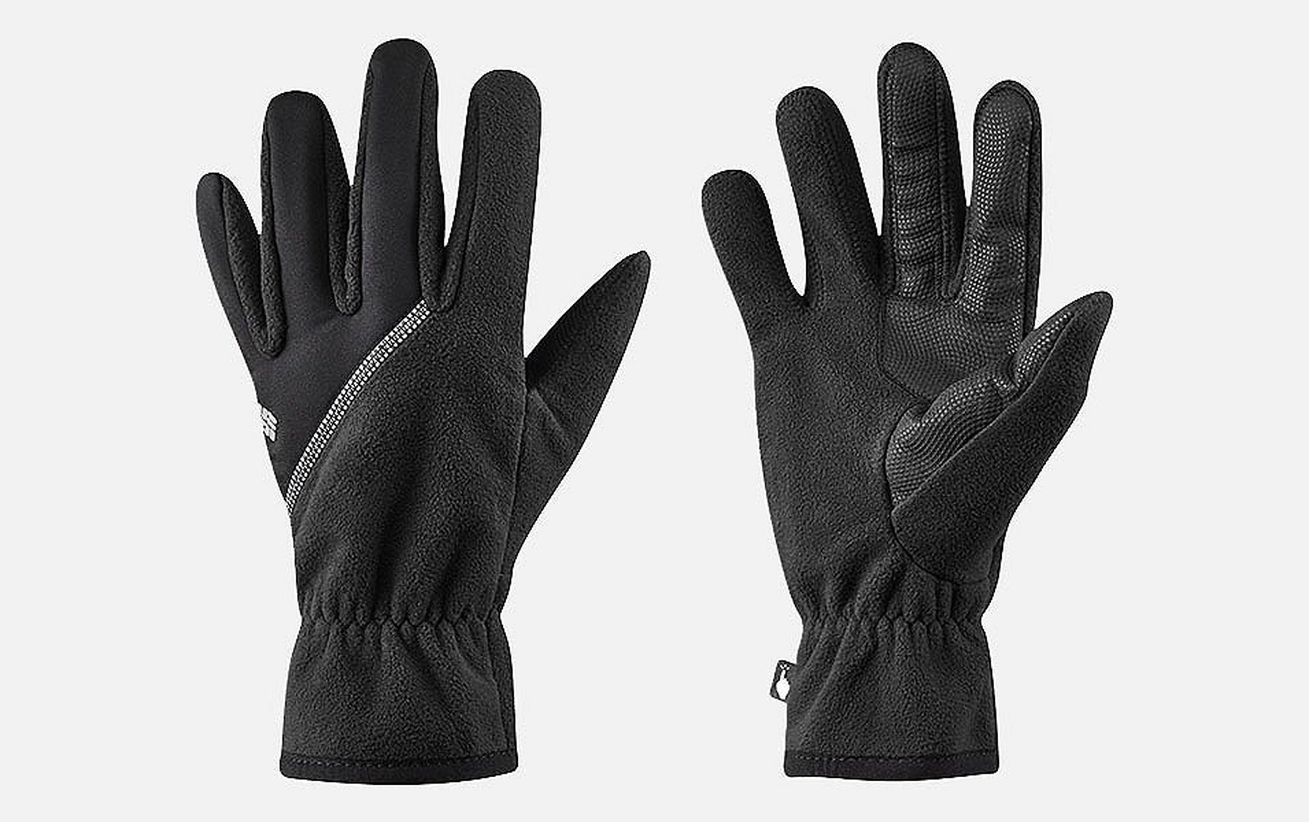 A product shot of a black pair of Columbia Sportwear fleece gloves with a white background.