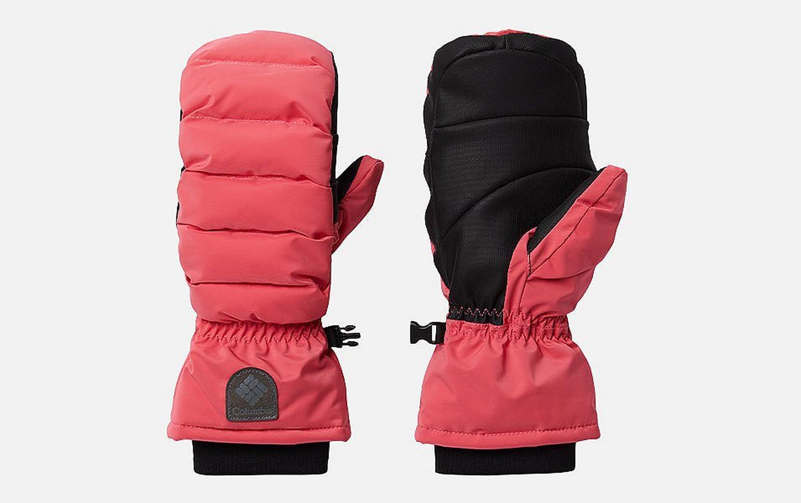 A product shot of a pink pair of Columbia Sportwear mittens with a white background.