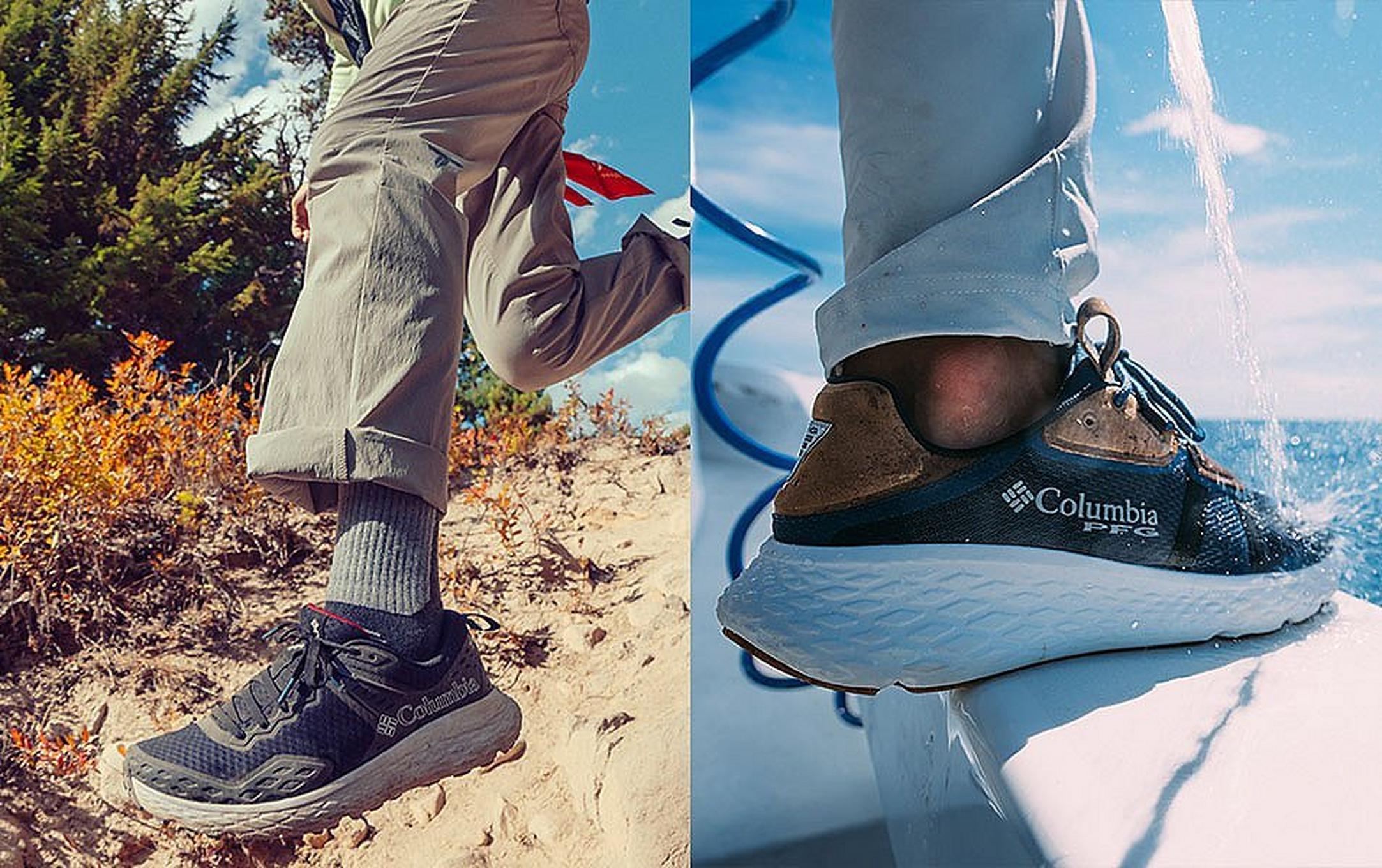 At left, an Omni-MAX hiking shoe is pictured on a sunny dirt trail; At right, an Omni-MAX PFG fishing shoe is pictured on a boat in the water.