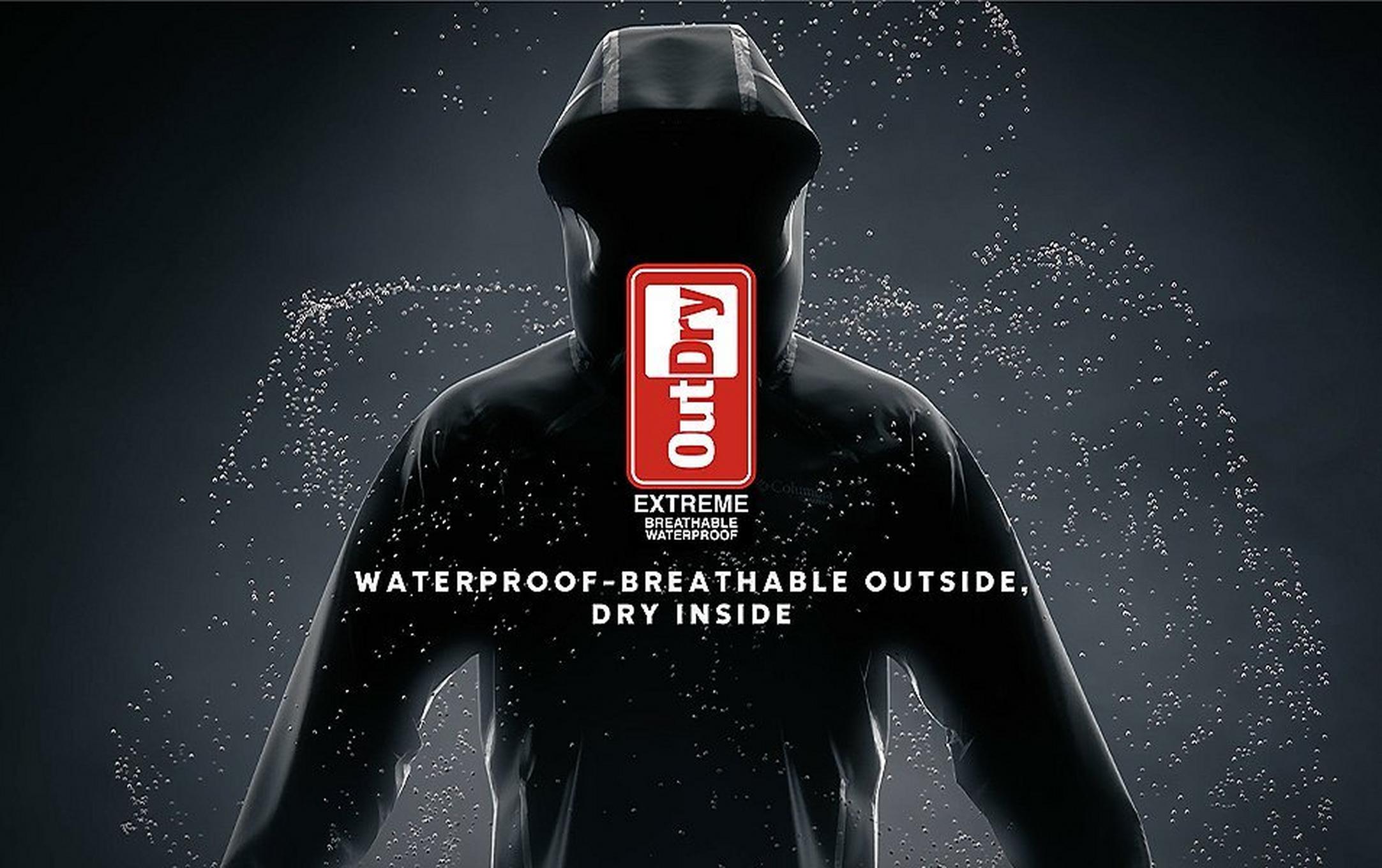Video for the OutDry Extreme. Black jacket on a dark background with technology logo.