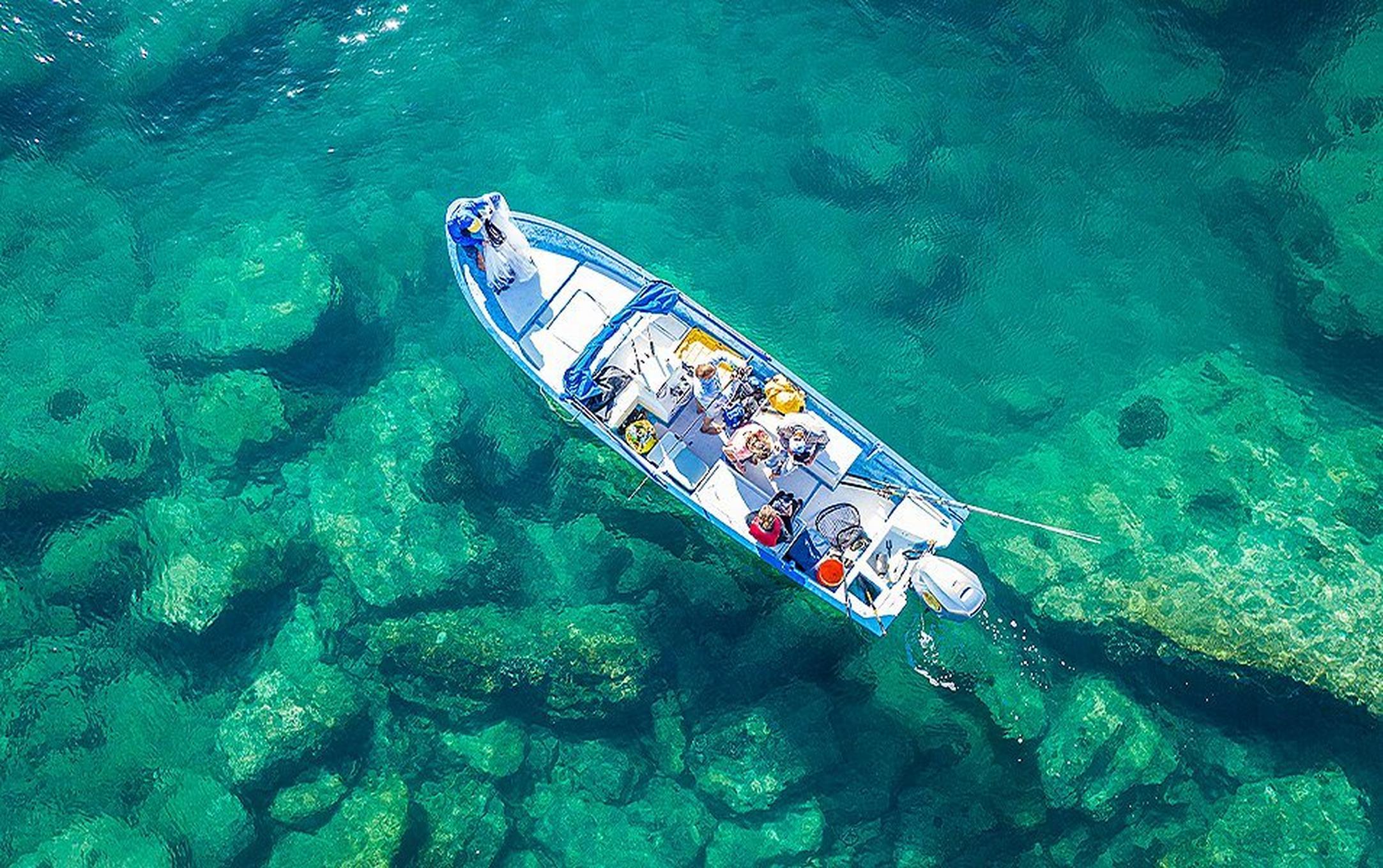 Ariel shot of a boat in the Sea of Cortez.
