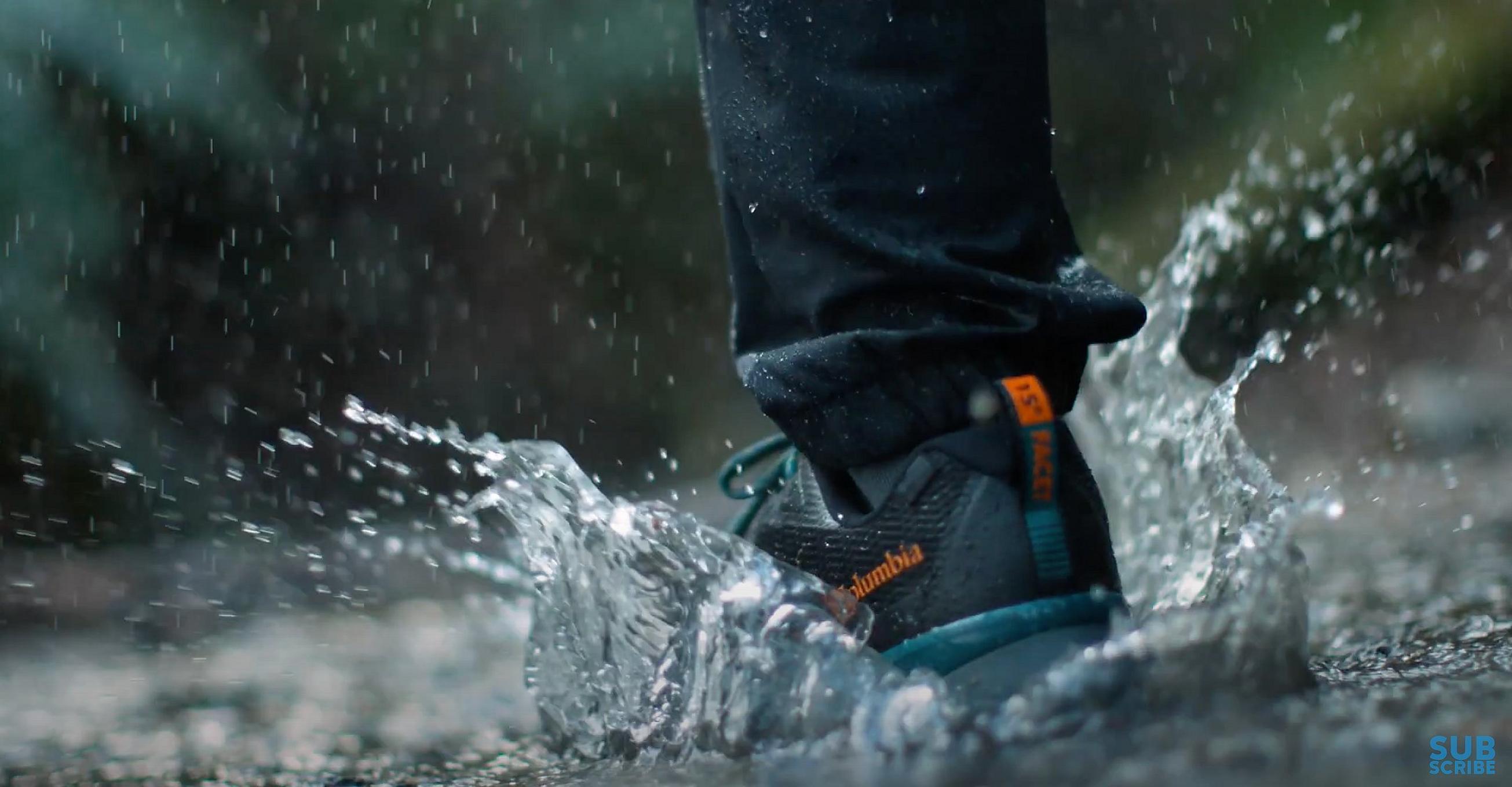Video link with a waterproof shoe stepping into water.