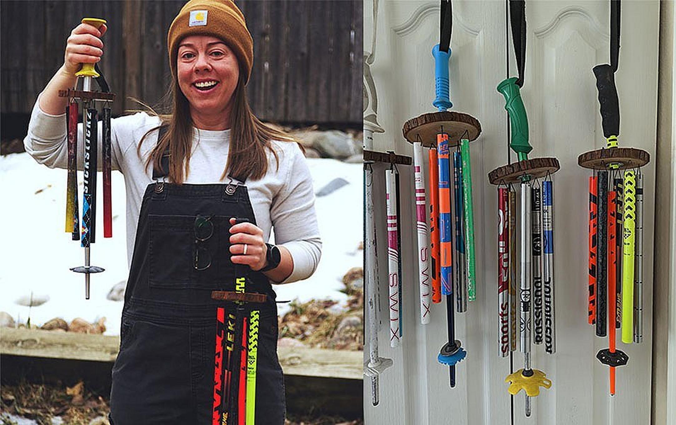 On the left, Jordan Berde, founder of Upcycled Ski, holds her winds chimes up for the camera and smiles. At right, a handful of wind chimes made from ski poles hang on a door.