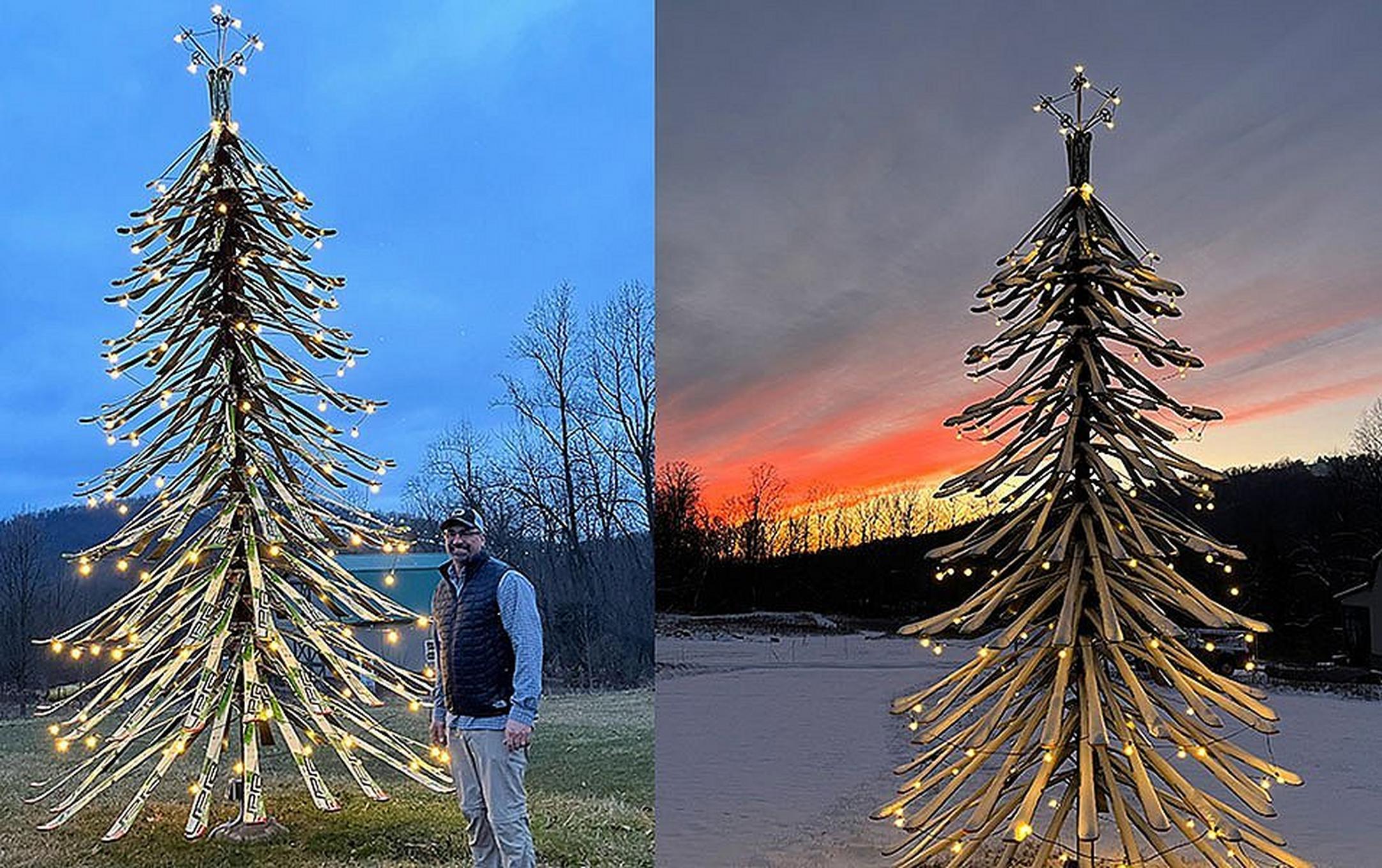 On the left, Ryan Maclay stands next to a decorative tree he made out of upcycled skis. At right, a tall tree he made from ski poles stands in a snowy field at night, glowing with lights against a beautiful sunset.