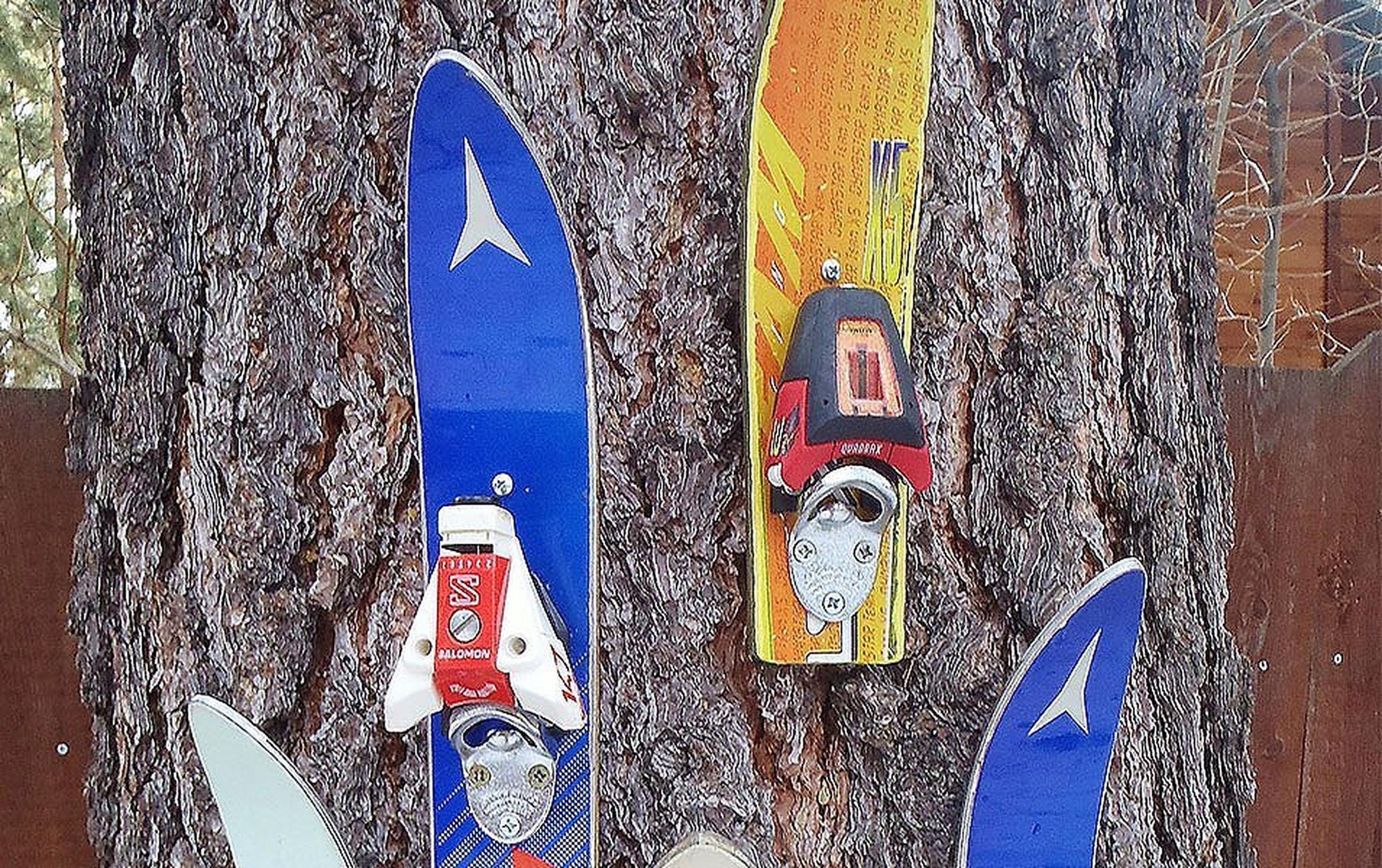 A collection of cool wall-mounted bottle openers made from old skis hang from a tree on display.