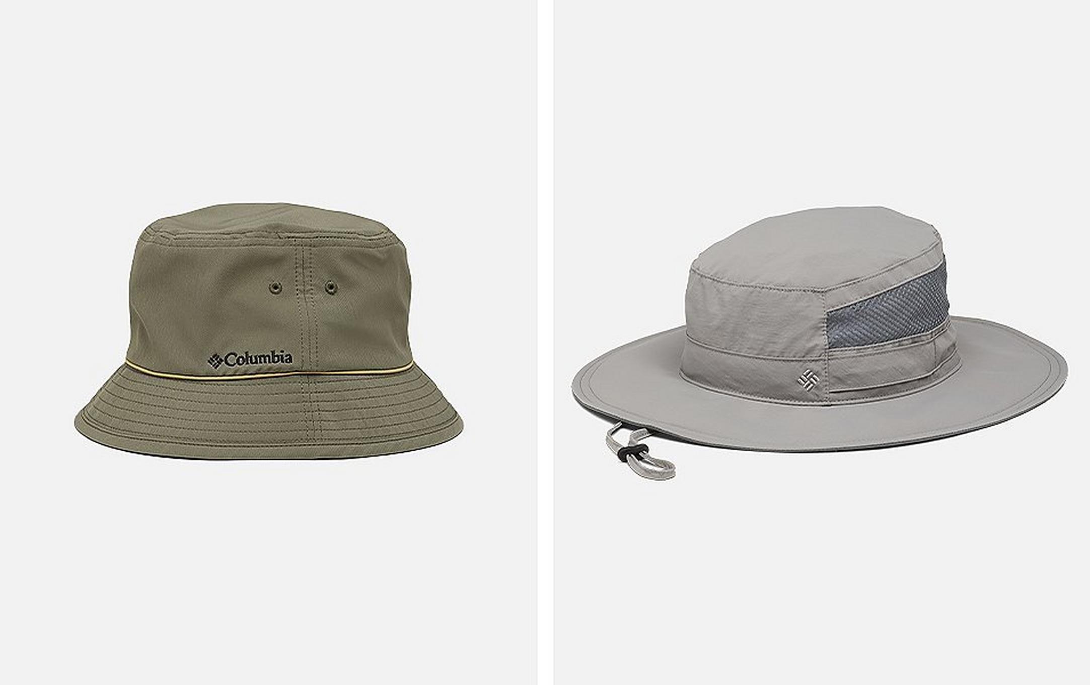 On the left, a product image of a dark green Columbia Sportswear bucket hat. On the right, a product image of a light gray Columbia Sportswear booney hat.