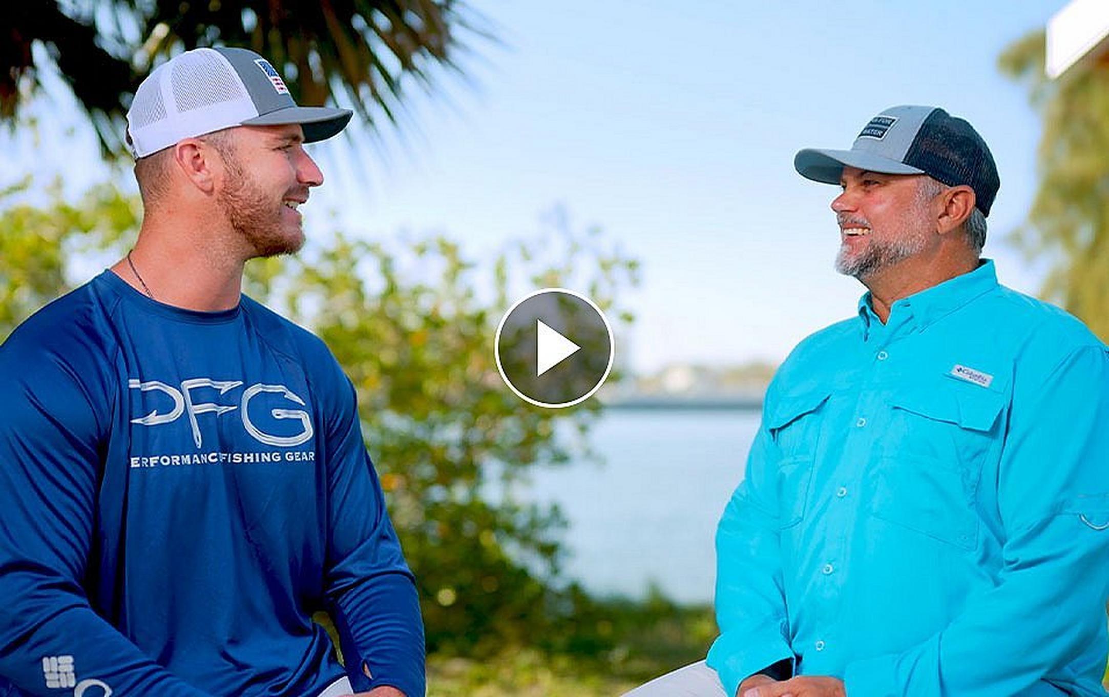 A screenshot of a Columbia Sportswear video featuring MLB player Pete Alonso and Captains for Clean Water co-founder Chris Wittman.